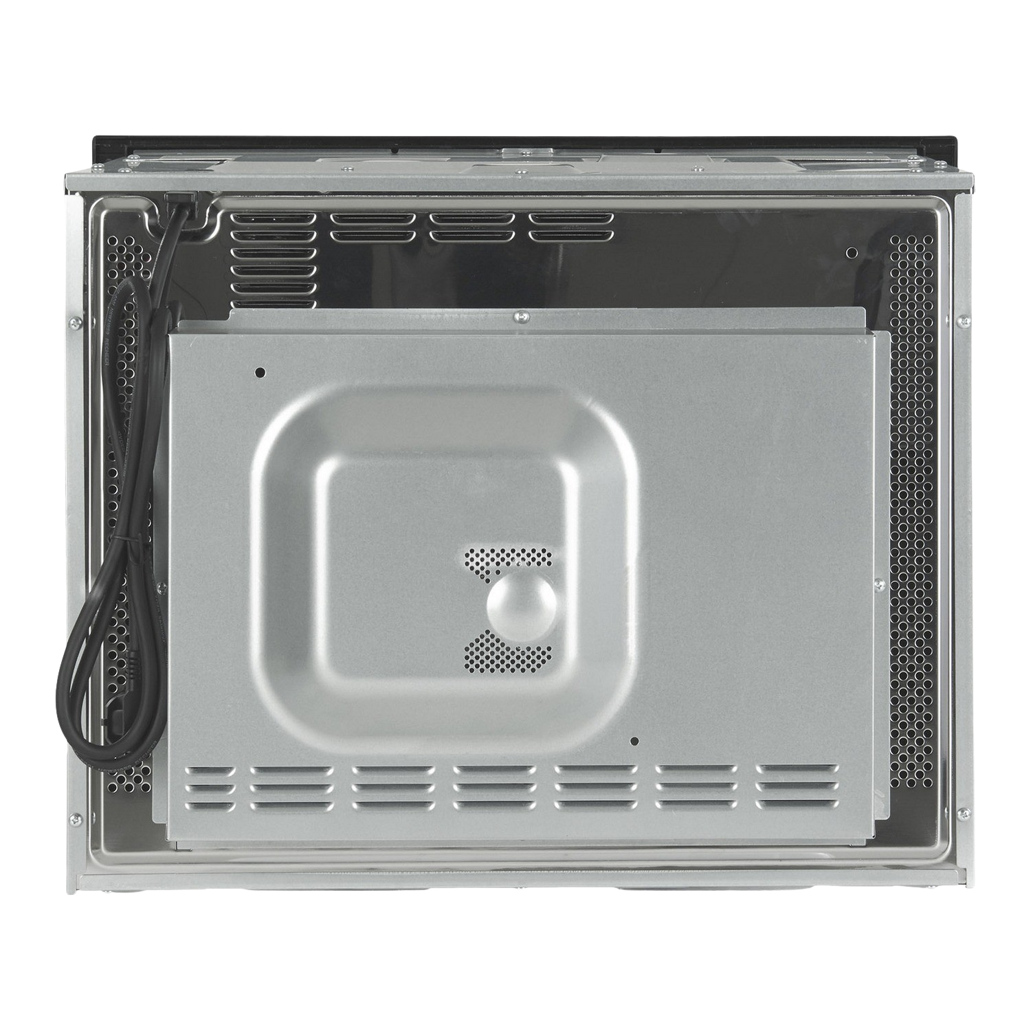Retro di un forno a microonde. Pannello metallico con fori di ventilazione. Sfondo nero.