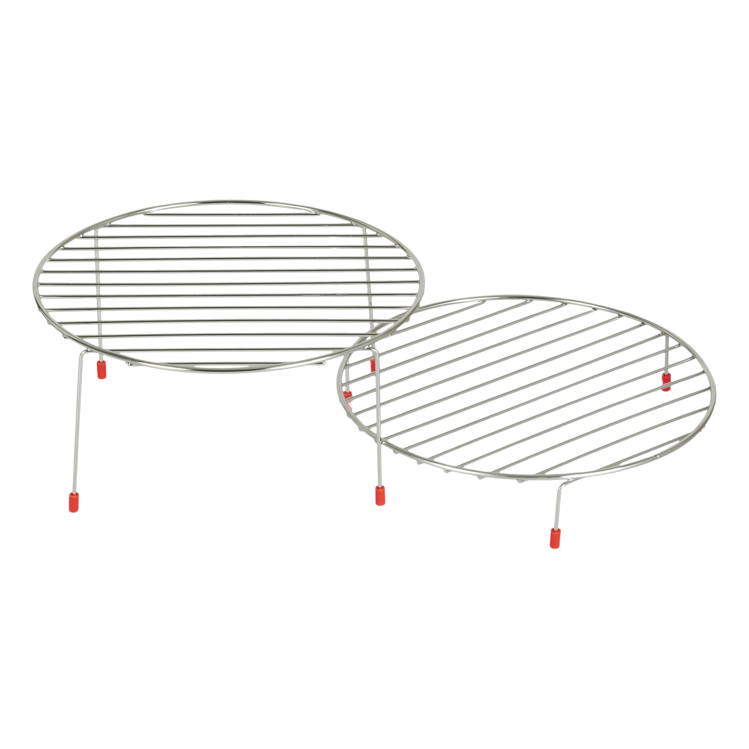 Due griglie per barbecue rotonde in metallo con piedini rossi, su sfondo nero.