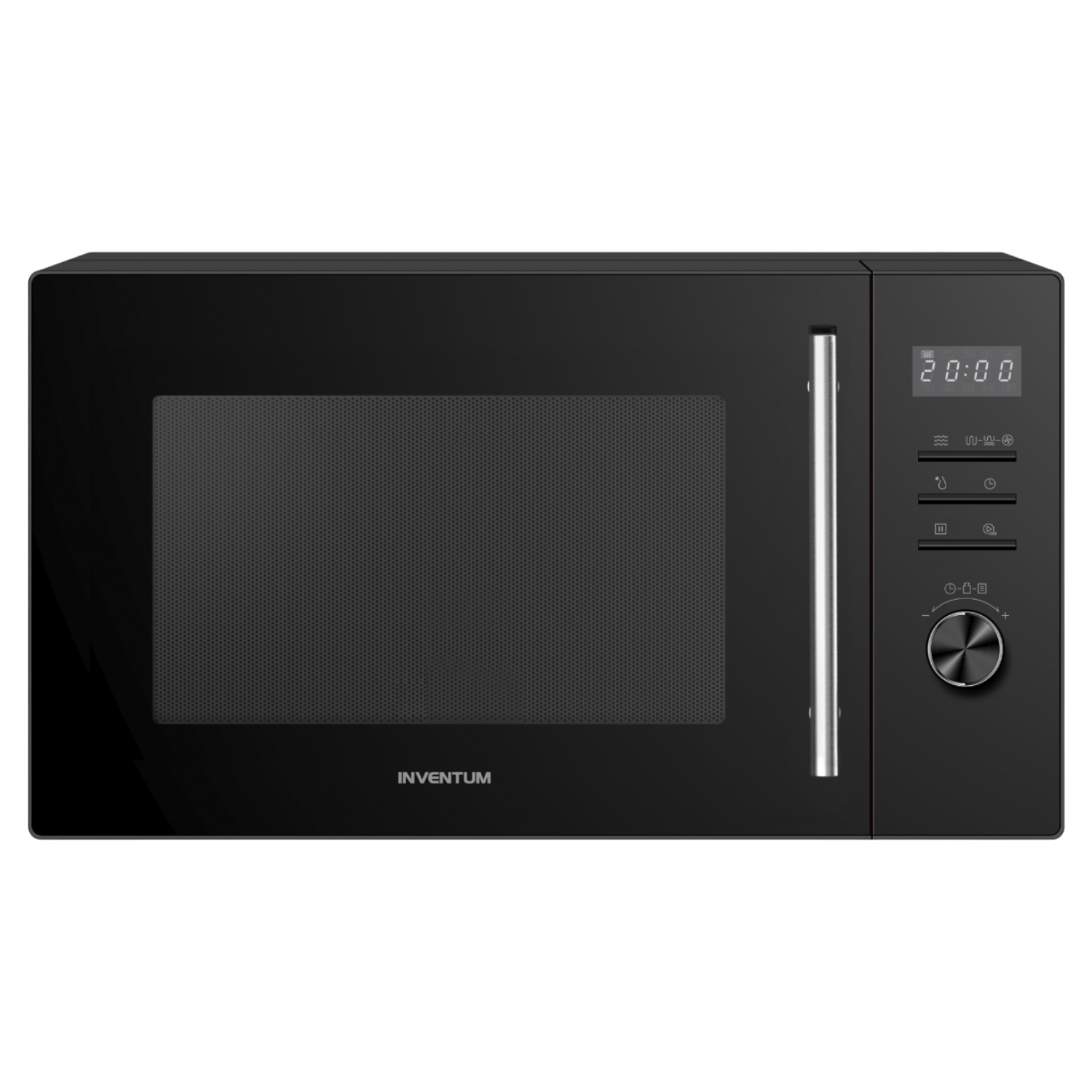 Un forno a microonde nero con display digitale e pannello di controllo sul lato destro.