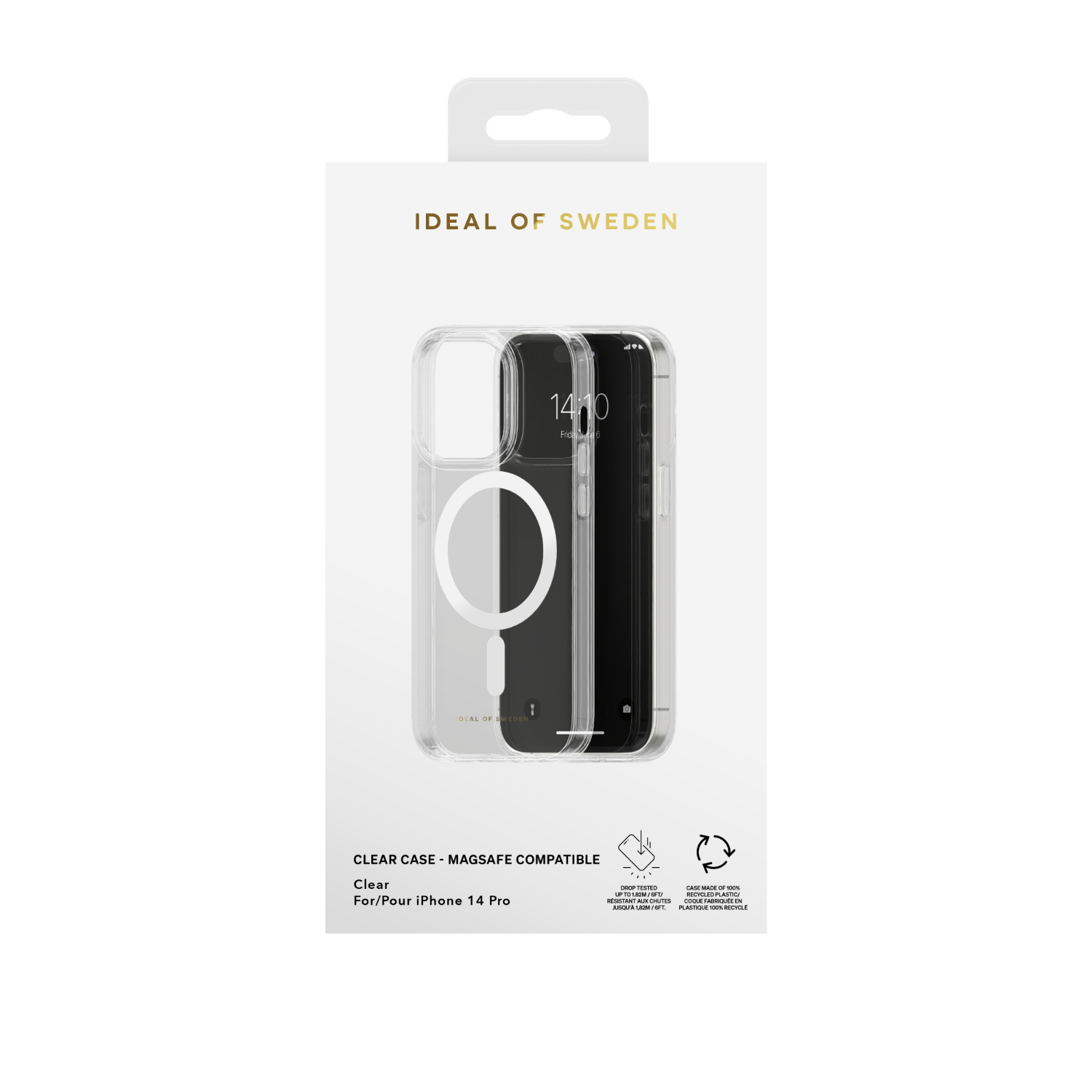 Transparente iPhone-Hülle mit MagSafe, verpackt mit Branding.