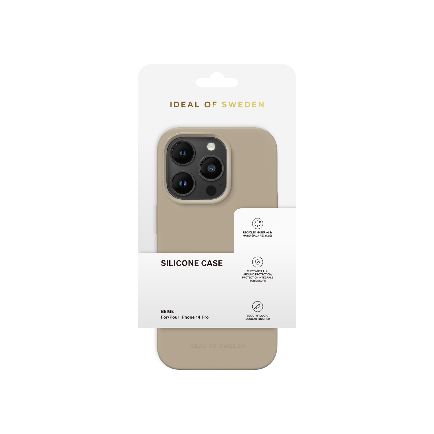 Beżowe etui na iPhone'a w opakowaniu, z nazwą marki. Etui jest dla iPhone 14 Pro.