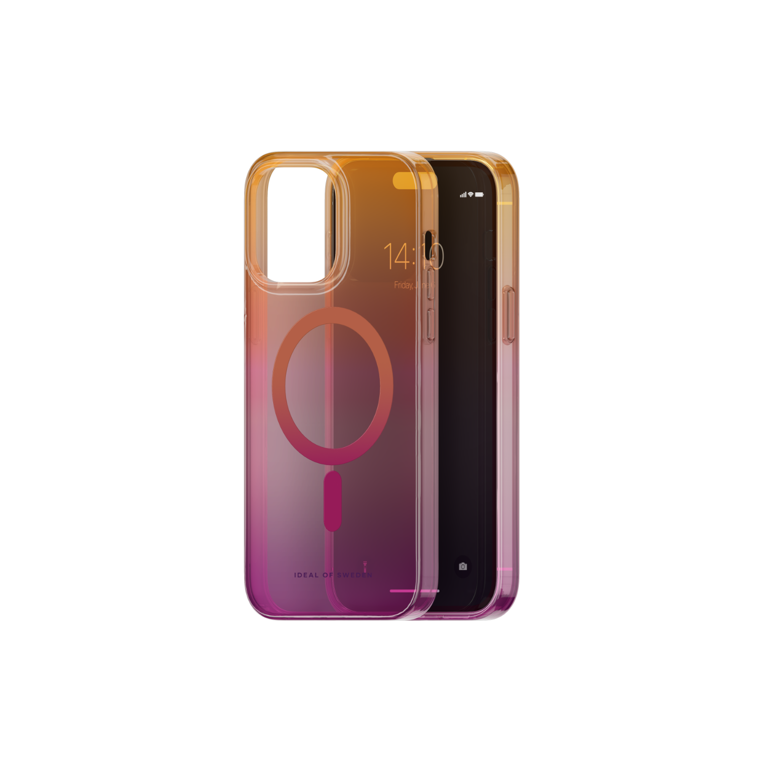 iPhone in einer transparenten Hülle mit orange-pinkfarbenem Farbverlauf. Ein MagSafe-Kreis ist sichtbar.