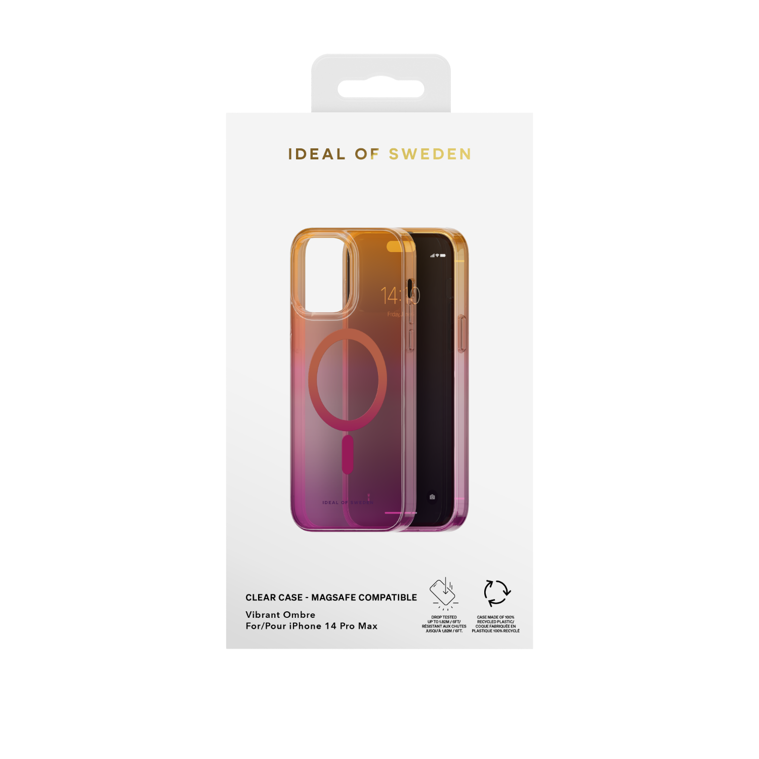 Transparente Handyhülle mit Ombre-Effekt. Ein Telefon befindet sich darin. Die Schachtel zeigt Markenname und Produktdetails.
