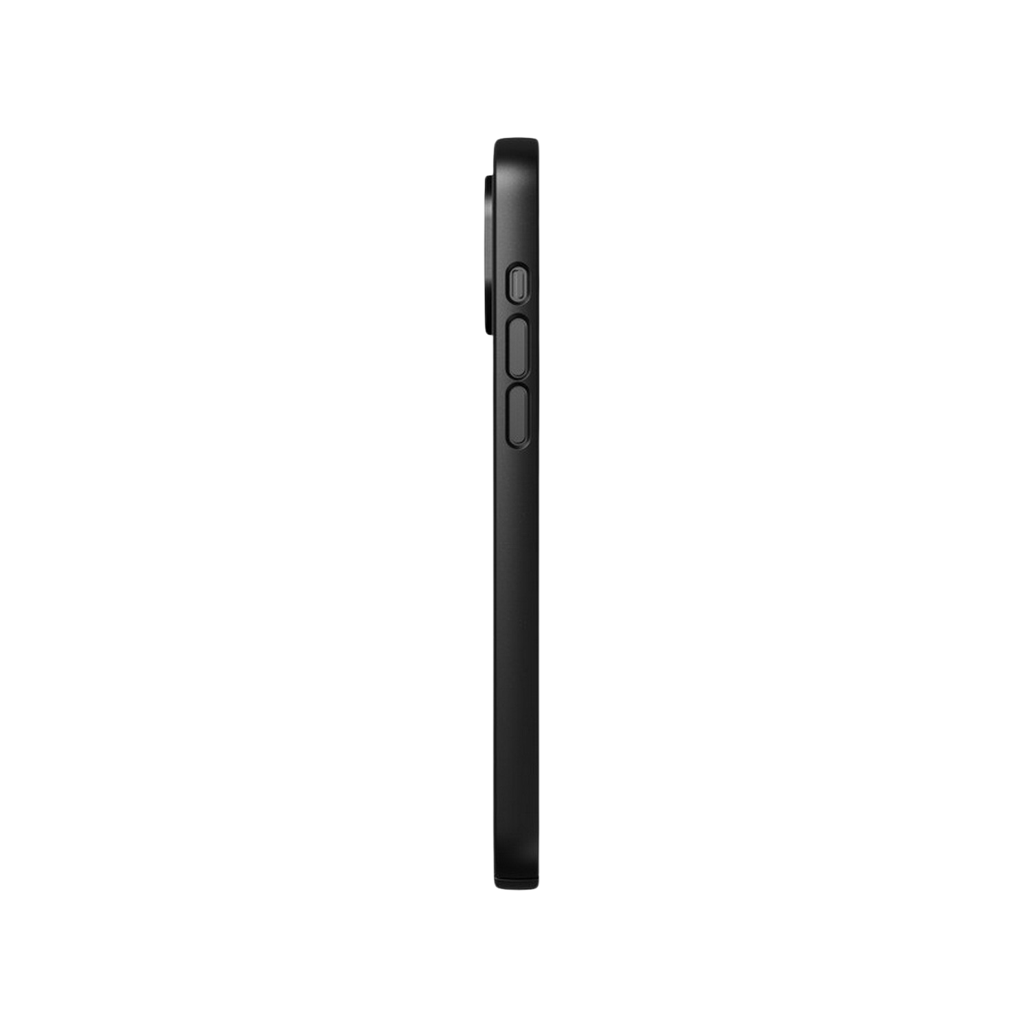 Black phone case, side view, with buttons and a black background.