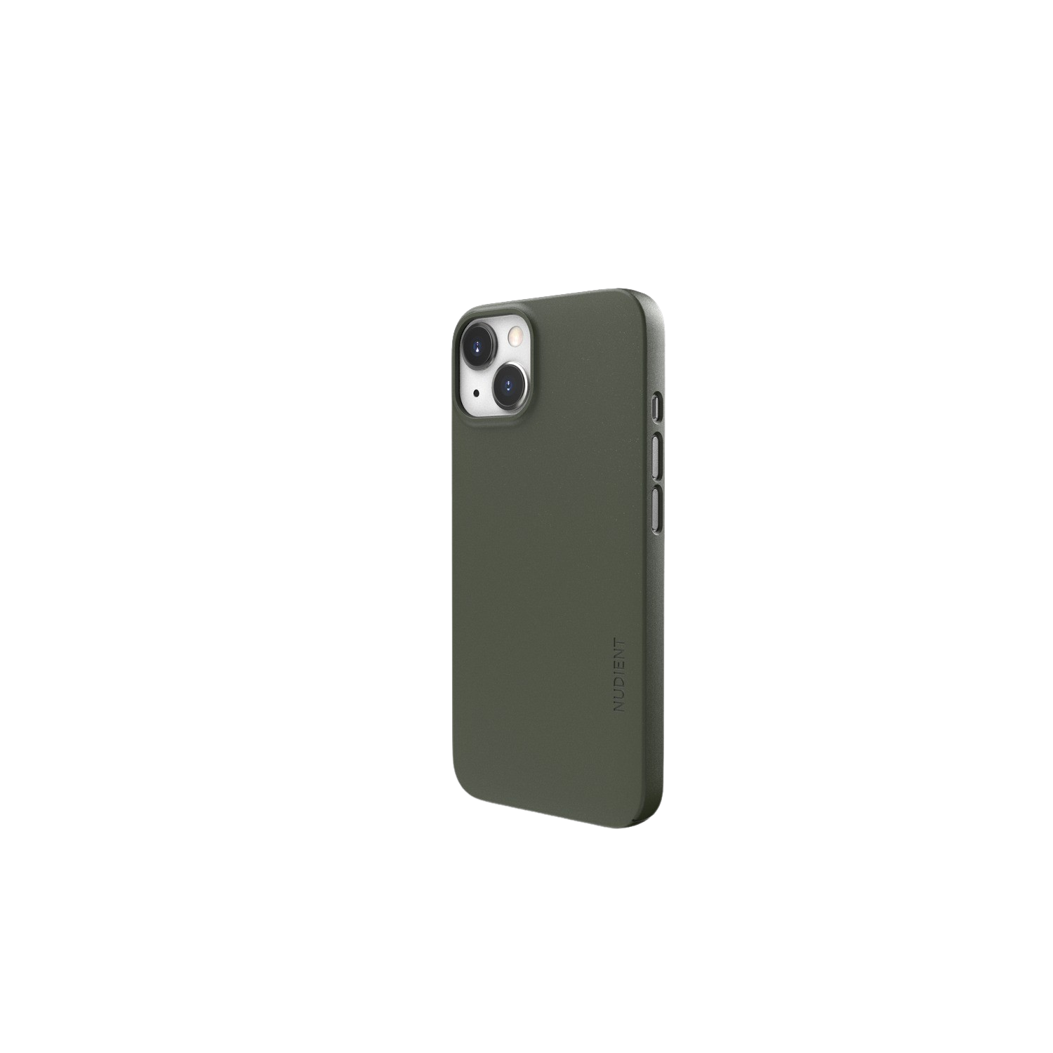 Coque de téléphone vert olive sur fond noir. Caméra et boutons visibles. Vue en angle.