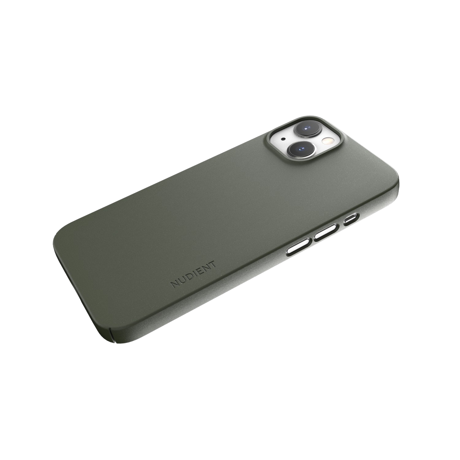 Coque de téléphone verte, vue en angle, fond noir. Logo NUDIENT visible.