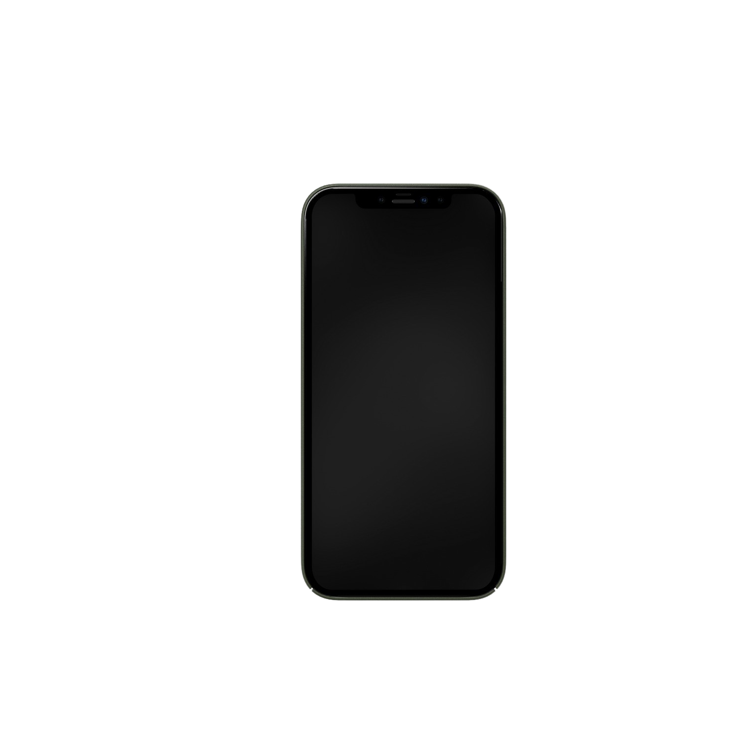 iPhone noir avec écran sombre, sur fond noir. Le téléphone est centré dans le cadre.