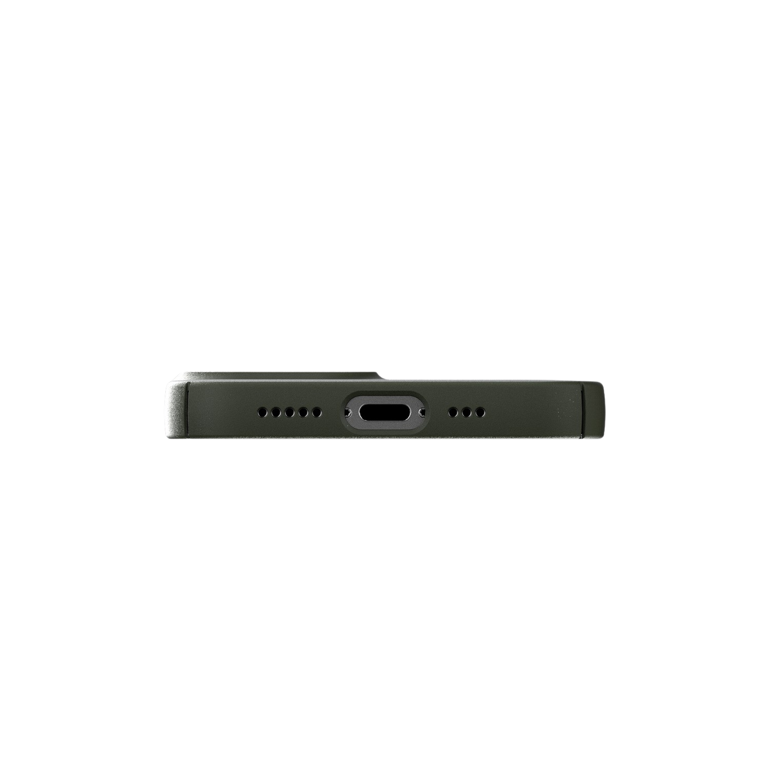 Coque de téléphone, vue de dessous, avec port de charge et trous pour haut-parleurs, sur fond noir.