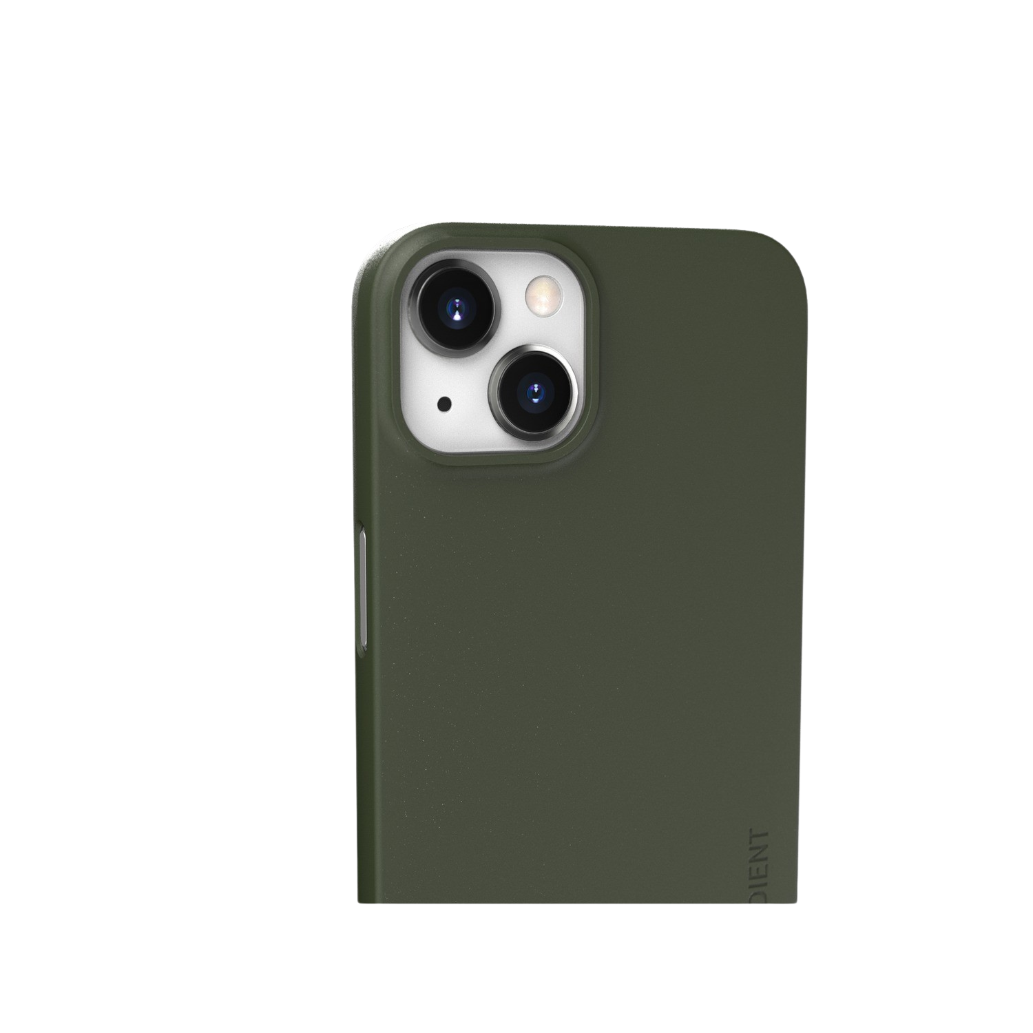 Gros plan sur une coque de téléphone vert olive avec des caméras. Le fond est noir.