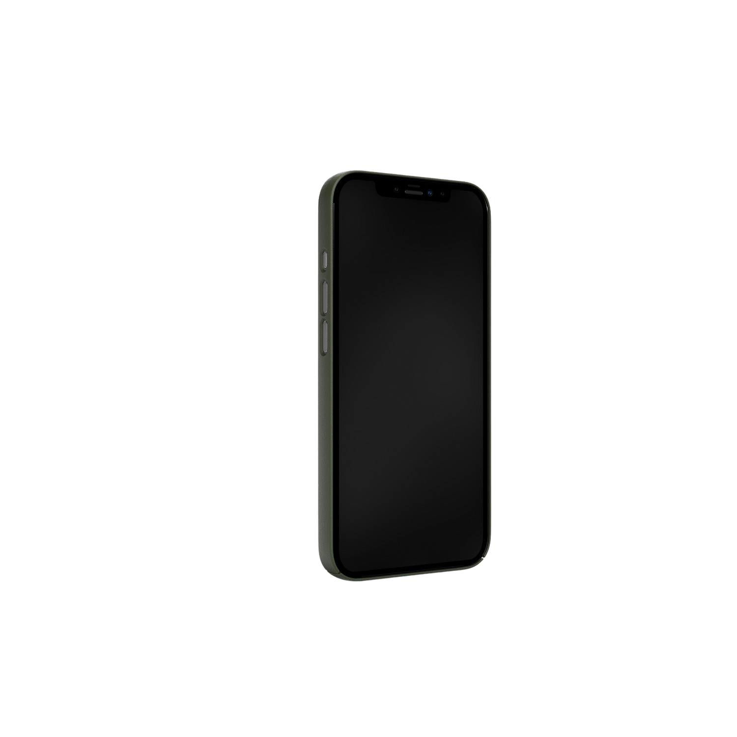 Smartphone dans un étui vert foncé. Le téléphone est sur le côté. Fond noir.