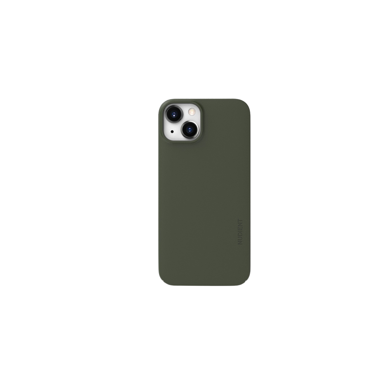 Coque de téléphone verte avec caméra et flash, fond noir.