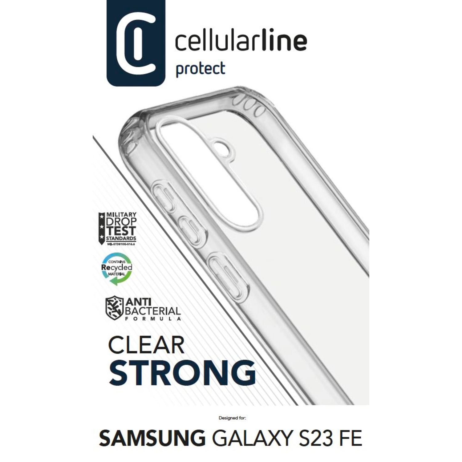 Transparente Handyhülle mit Text: Clear, Strong und Anti Bacterial Formula. Für Samsung Galaxy S23 FE.