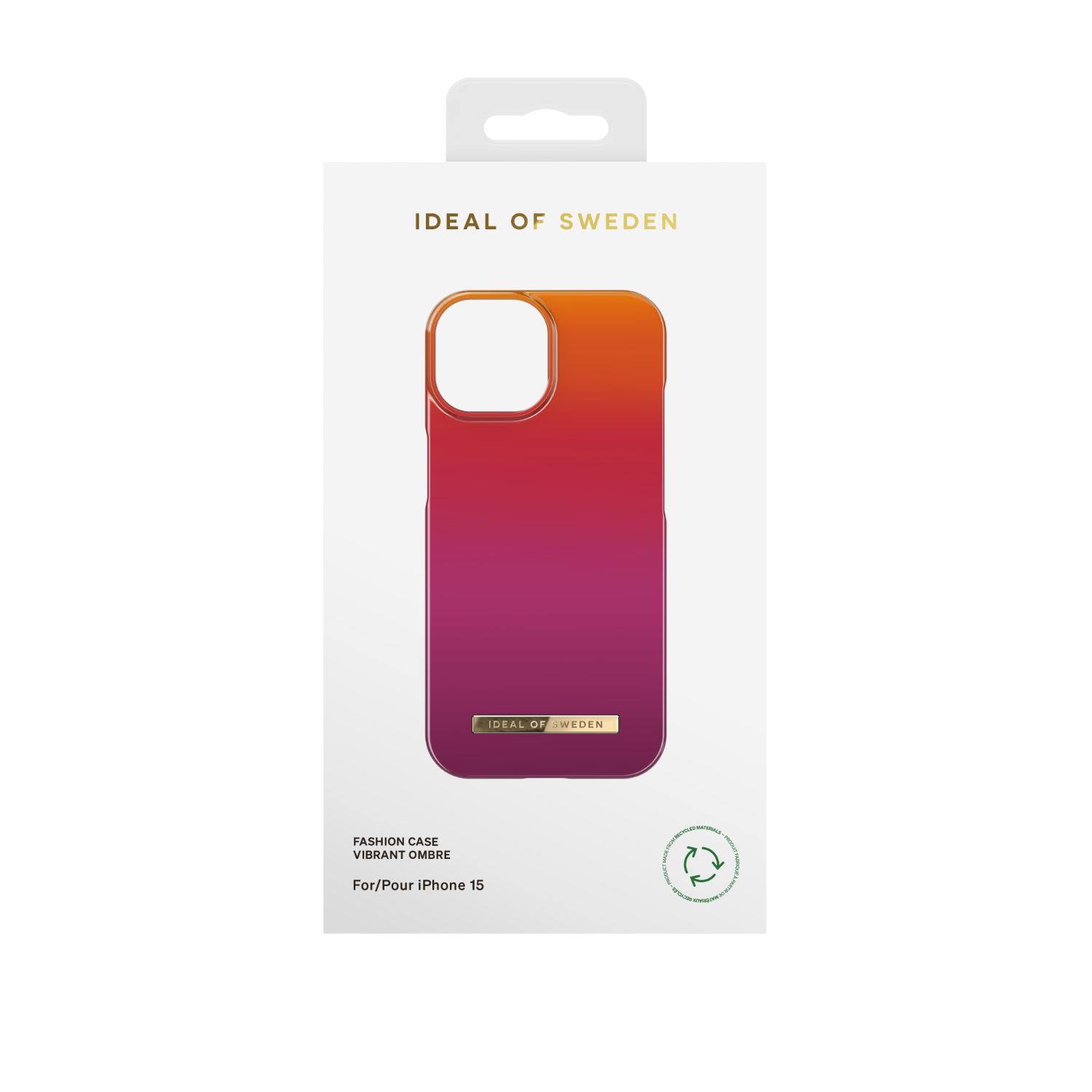 Kutuda bir telefon kılıfı, kırmızıdan turuncuya geçişli, Ideal of Sweden logosuyla.
