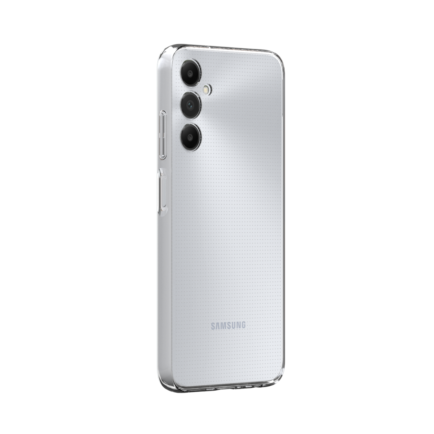 Teléfono Samsung plateado con tres cámaras sobre fondo negro.