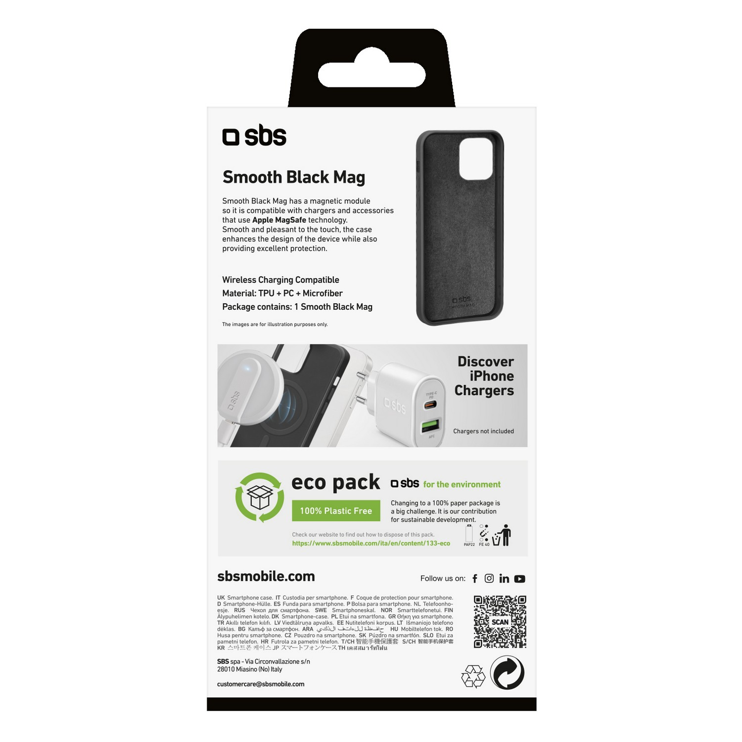 Opakowanie czarnego etui na telefon. Tył opakowania, z tekstem i kodem QR, na białej powierzchni.