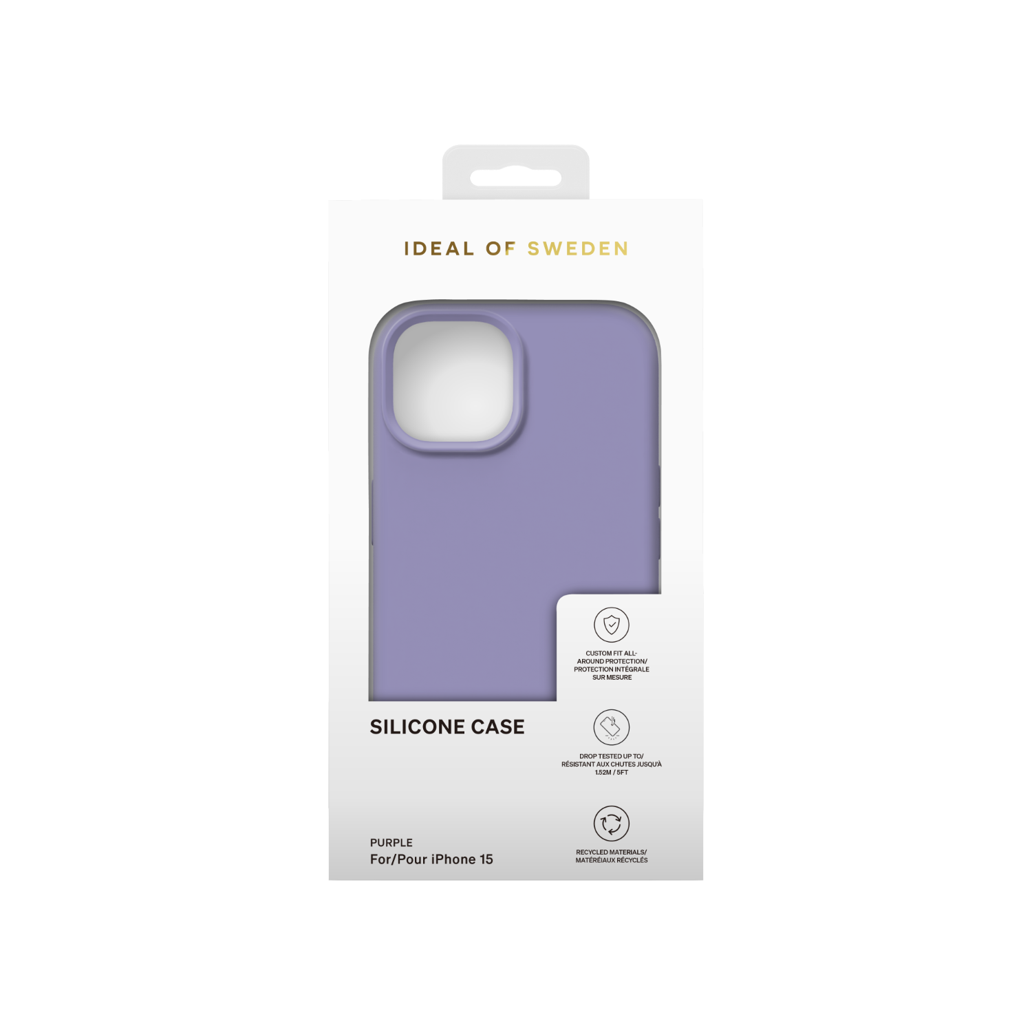 Mor telefon kılıfı kutusu. Metinde 'Silicone Case' ve 'For/Pour iPhone 15' yazıyor. Arka plan siyah.