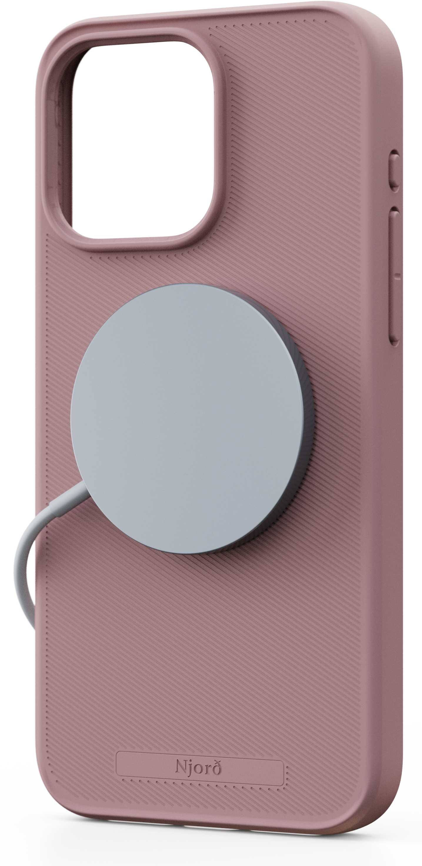 Custodia per telefono rosa con caricatore MagSafe grigio attaccato, una texture a coste e il logo Njord.