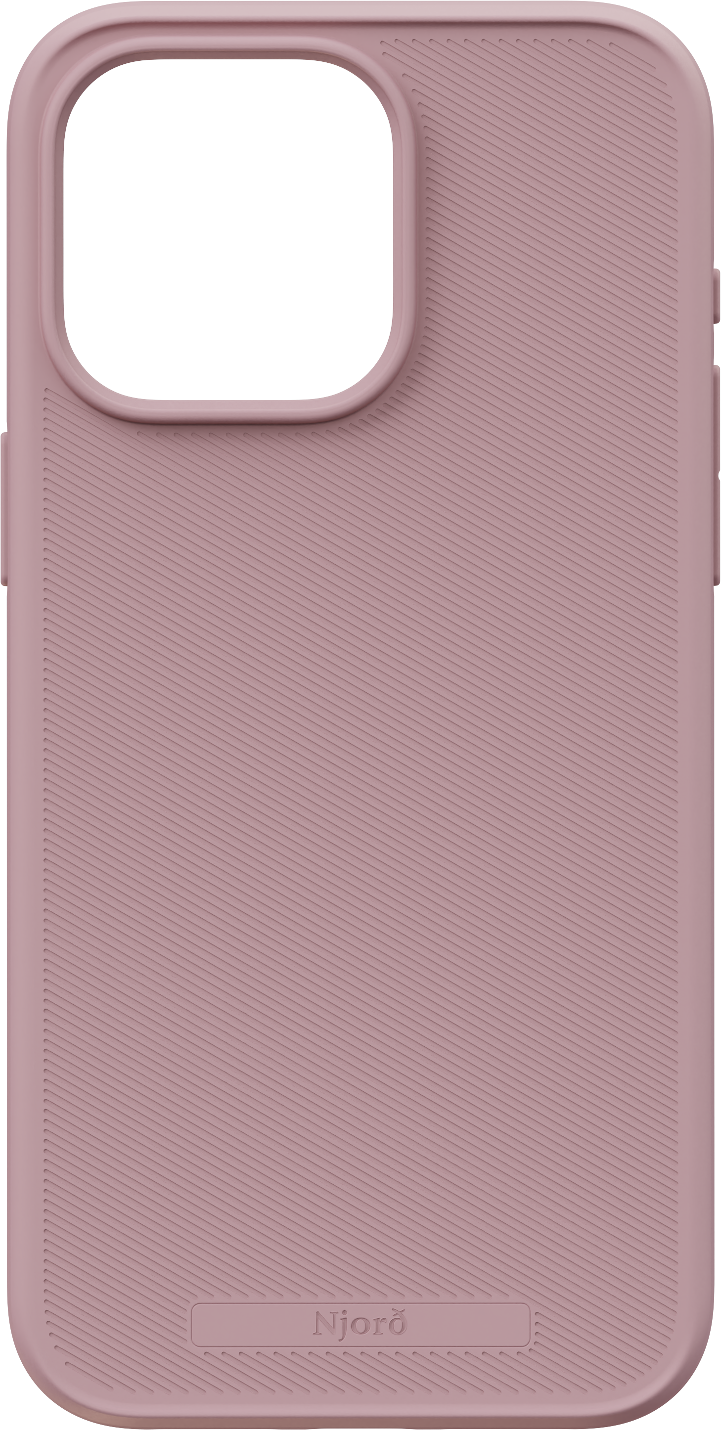 Una custodia per telefono rosa con un motivo a linee diagonali strutturate. Il marchio è in basso.