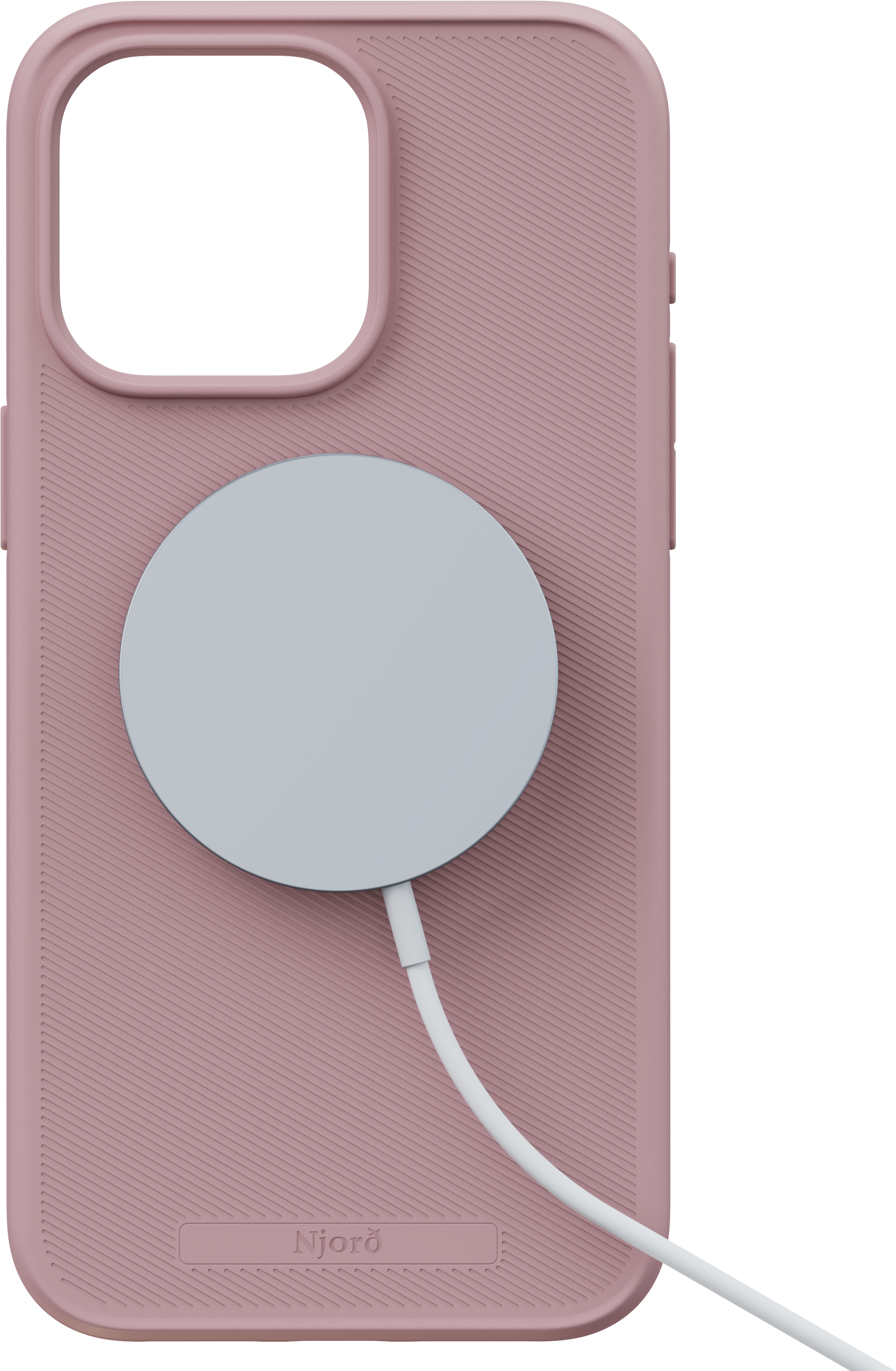 Custodia rosa per telefono con un caricatore circolare bianco attaccato.