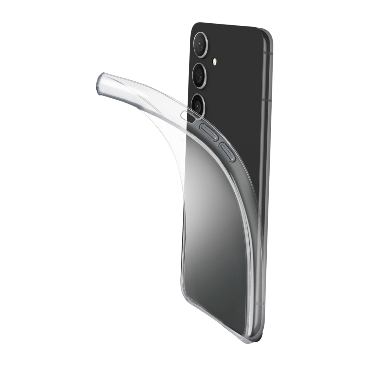 Una custodia trasparente per telefono accanto a uno smartphone nero su sfondo nero.