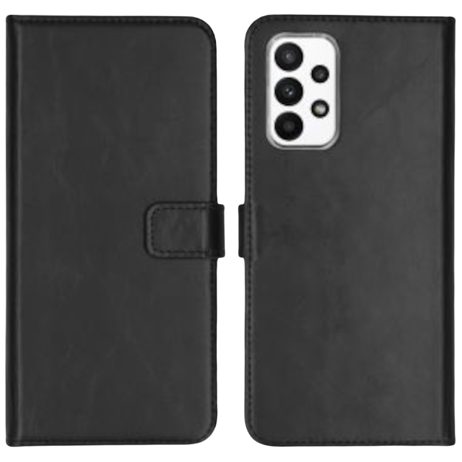 Zwarte leren telefoonhoes, open en dicht, met de telefoon en sluiting.