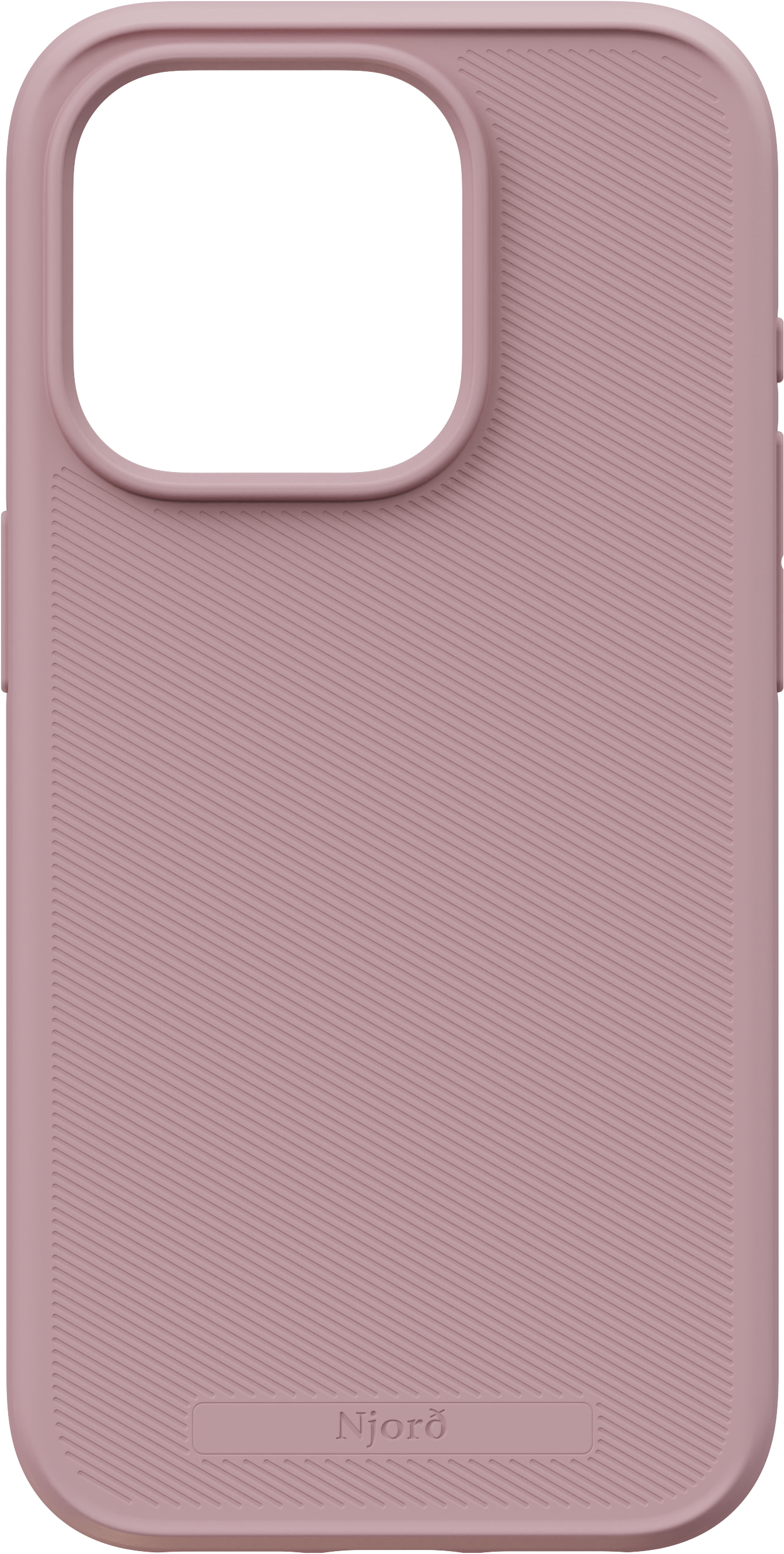 Custodia per telefono rosa con motivo a linee diagonali e ritaglio per la fotocamera su sfondo nero.