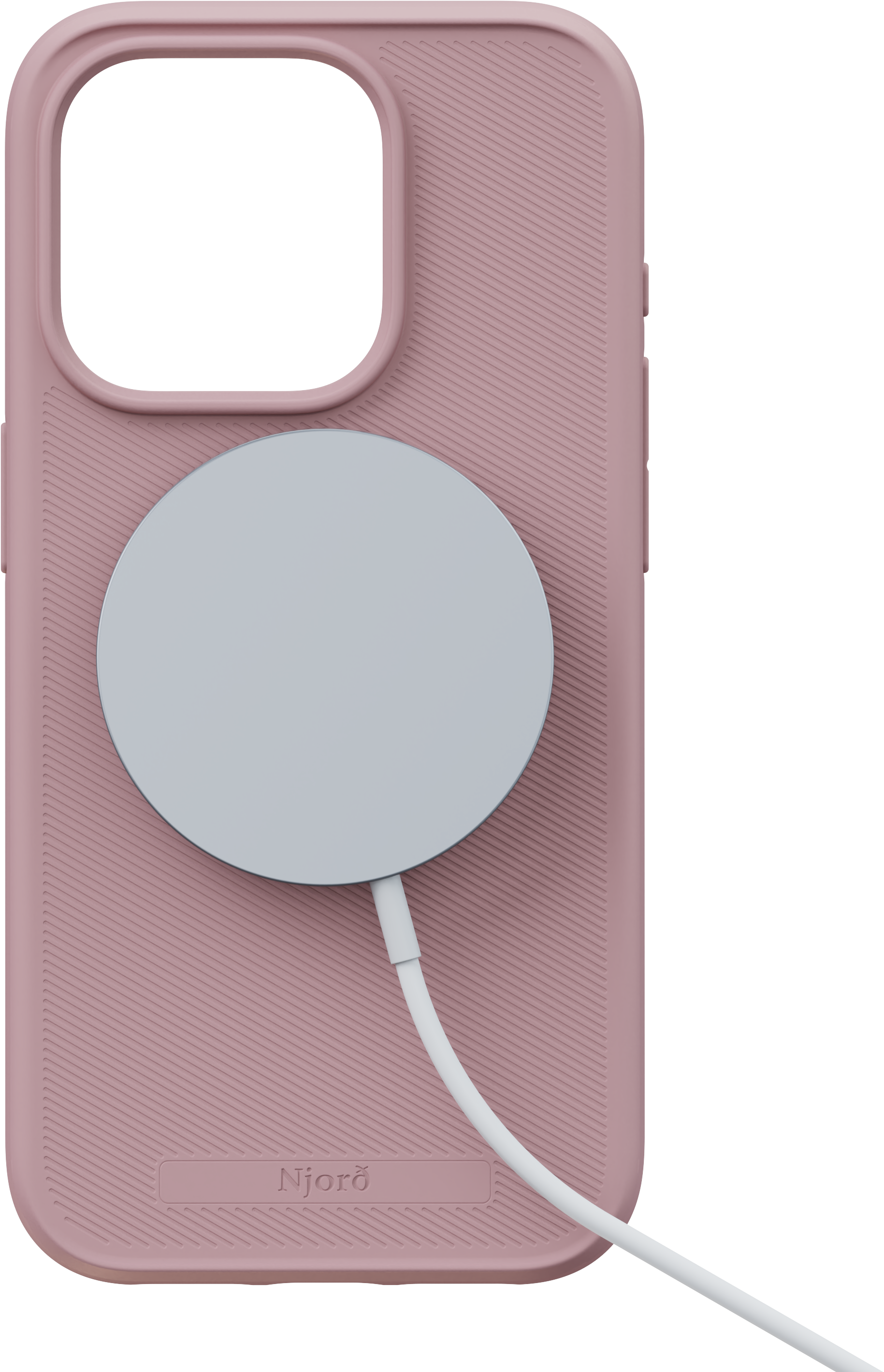 Custodia rosa con cerchio bianco. Cerchio magnetico e cavo di ricarica. Sfondo nero.