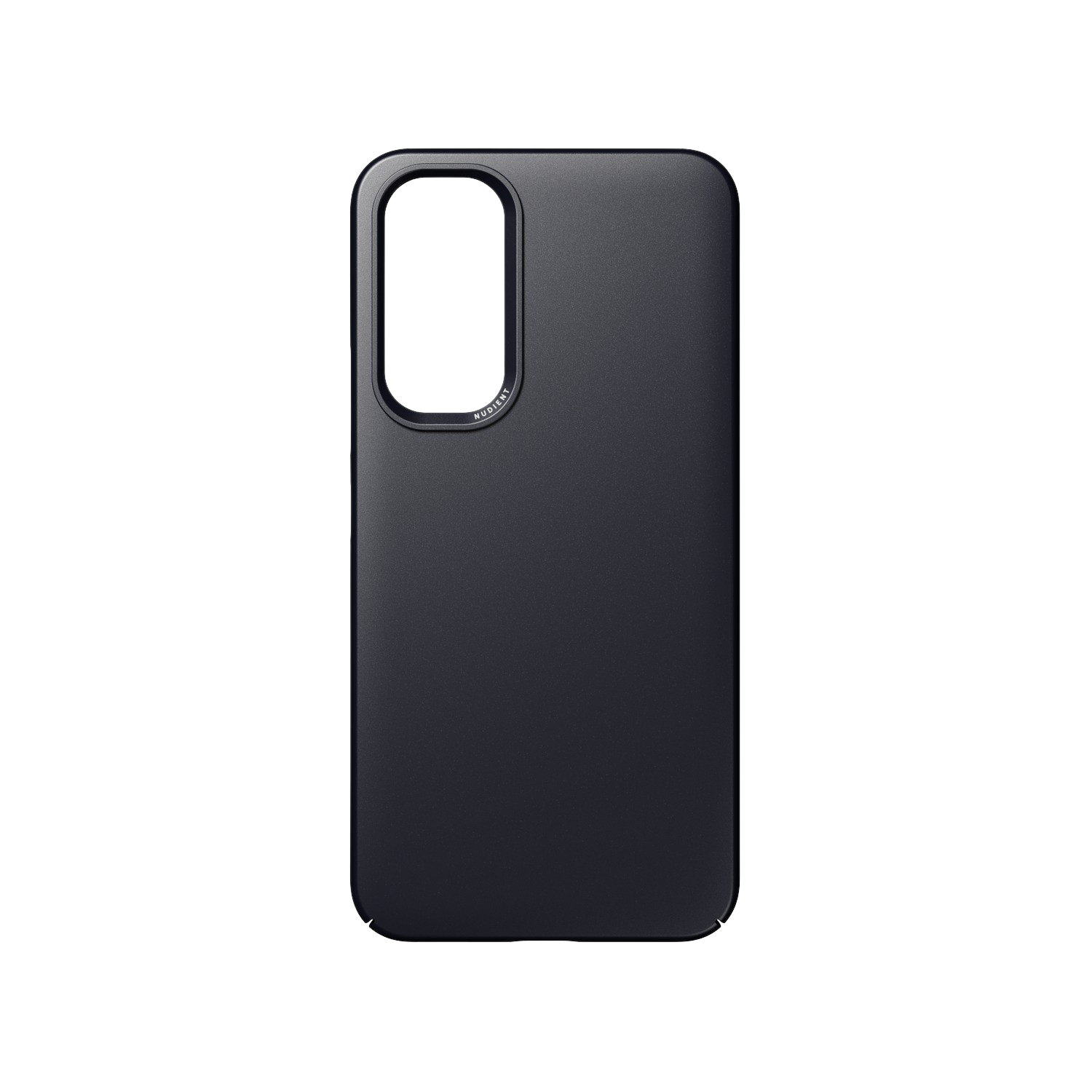Zwarte telefoonhoes op een zwarte achtergrond. De hoes heeft een camerabult en een logo onderaan.