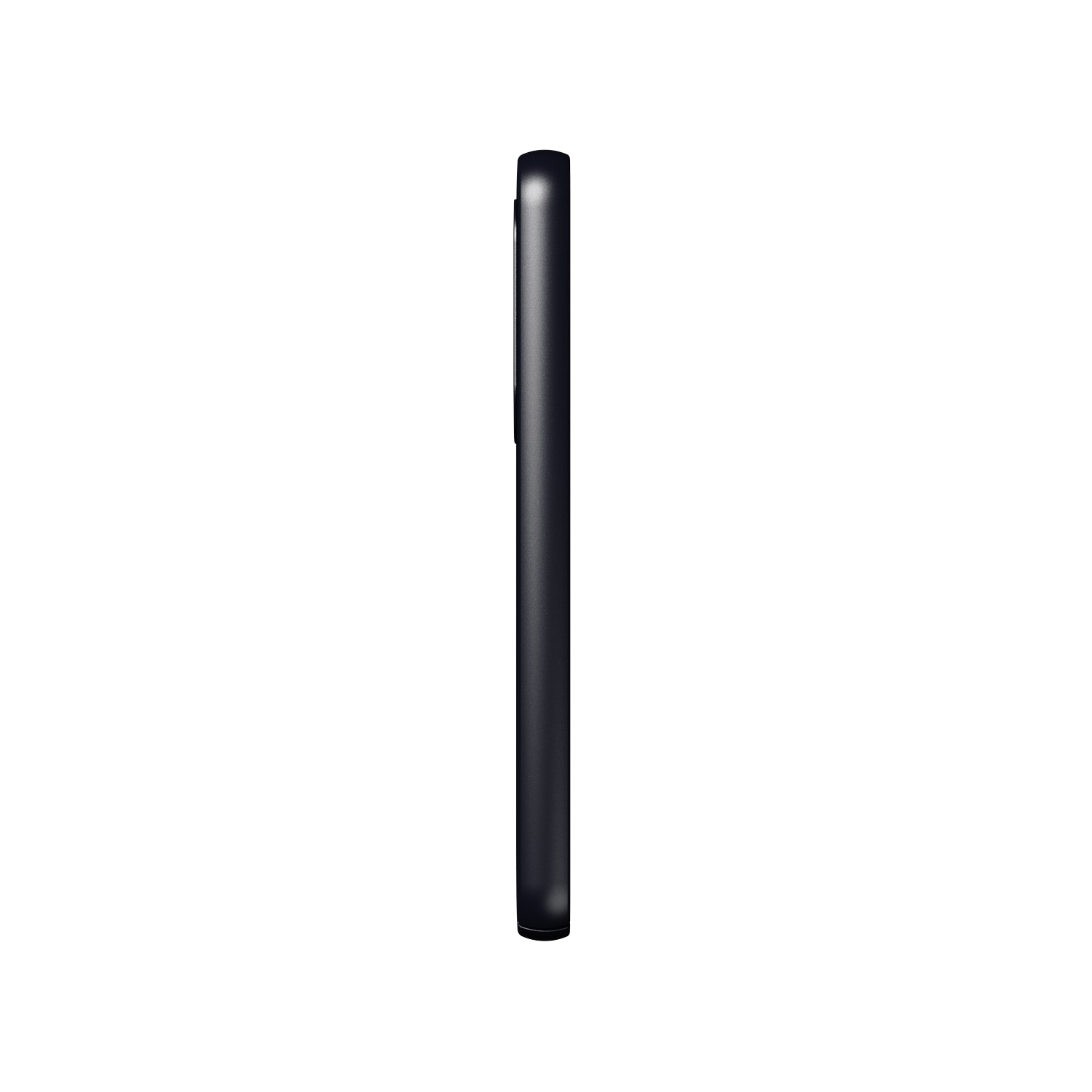 Een zwarte, verticale, rechthoekige vorm tegen een zwarte achtergrond, mogelijk de zijkant van een telefoon.
