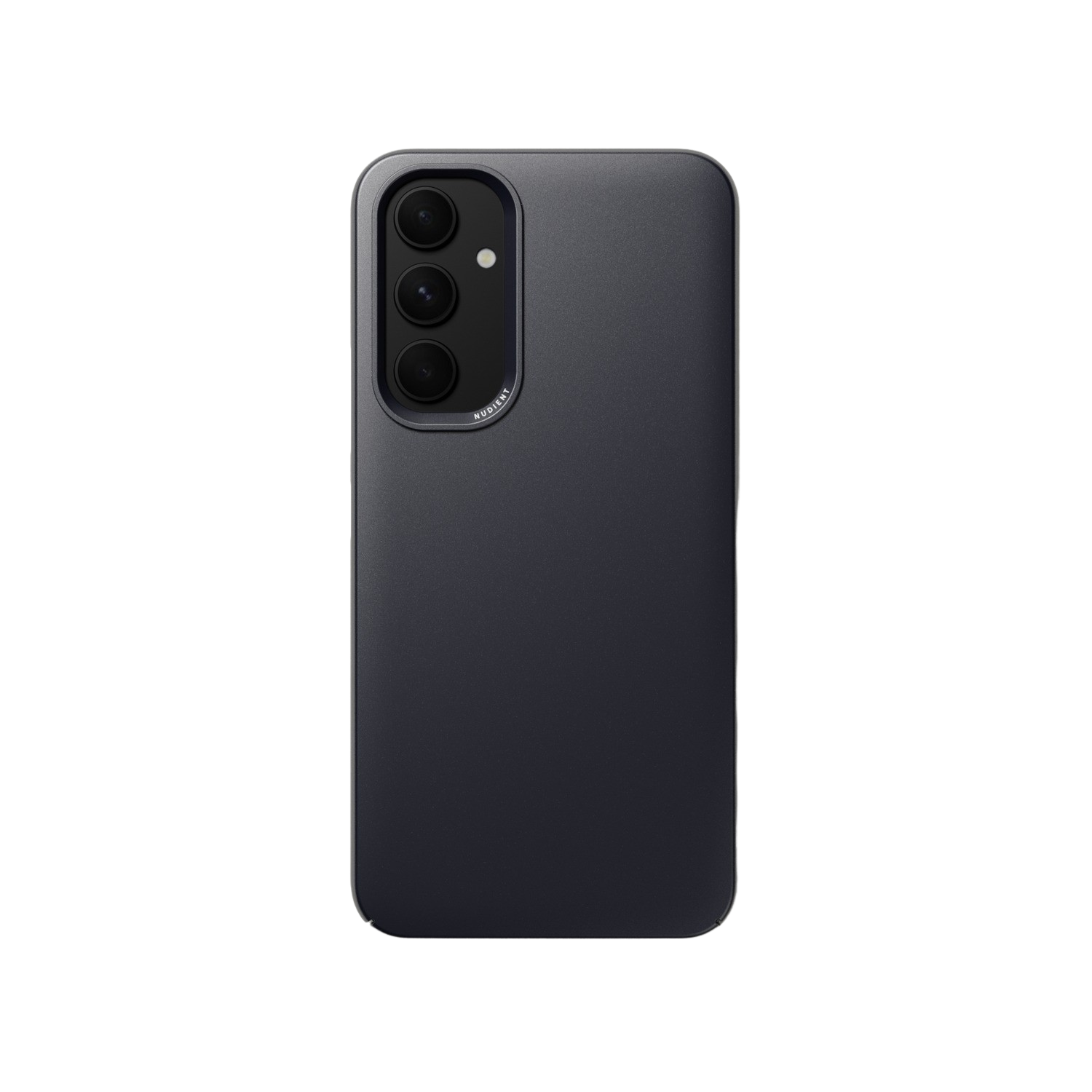 Een donkerblauwe telefoonhoes met cameragedeelte en drie lenzen op zwarte achtergrond.