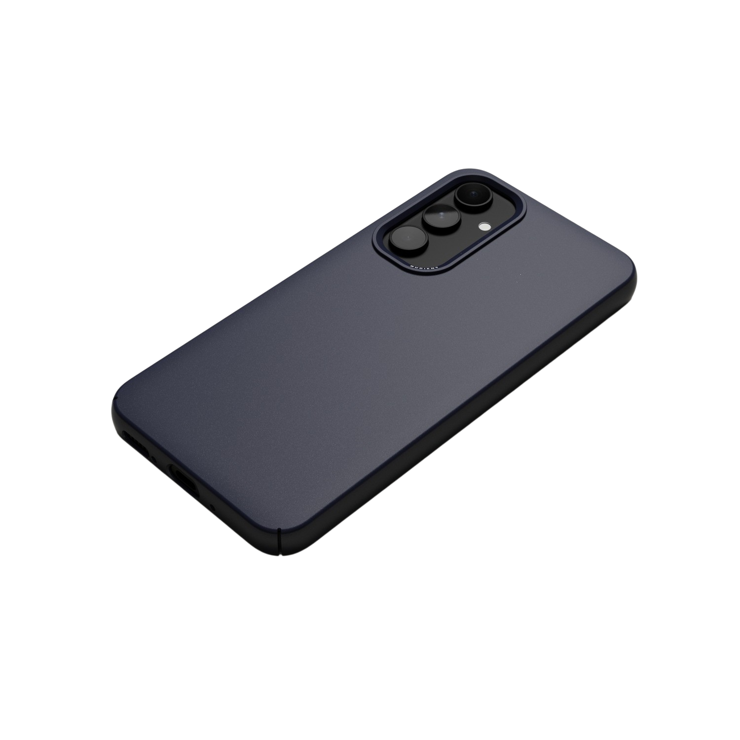 Donkerblauwe telefoonhoes, met cameralenzen op de achterkant, op een zwart oppervlak.