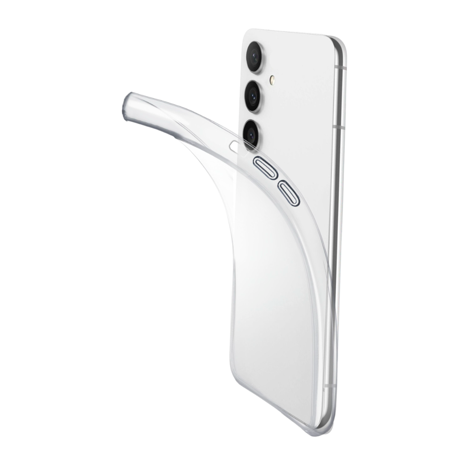 Custodia trasparente per telefono su un telefono bianco. La custodia è rimossa.