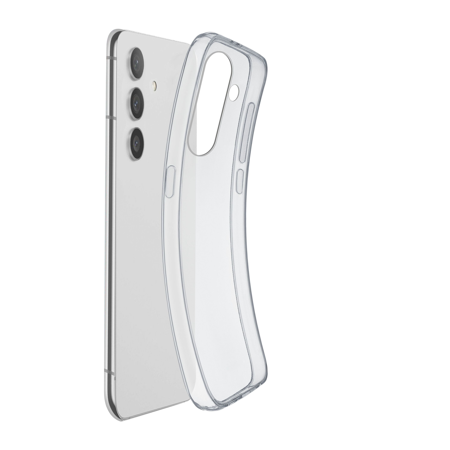 Custodia trasparente per telefono accanto a un telefono. Il telefono ha fotocamere. Sfondo bianco.