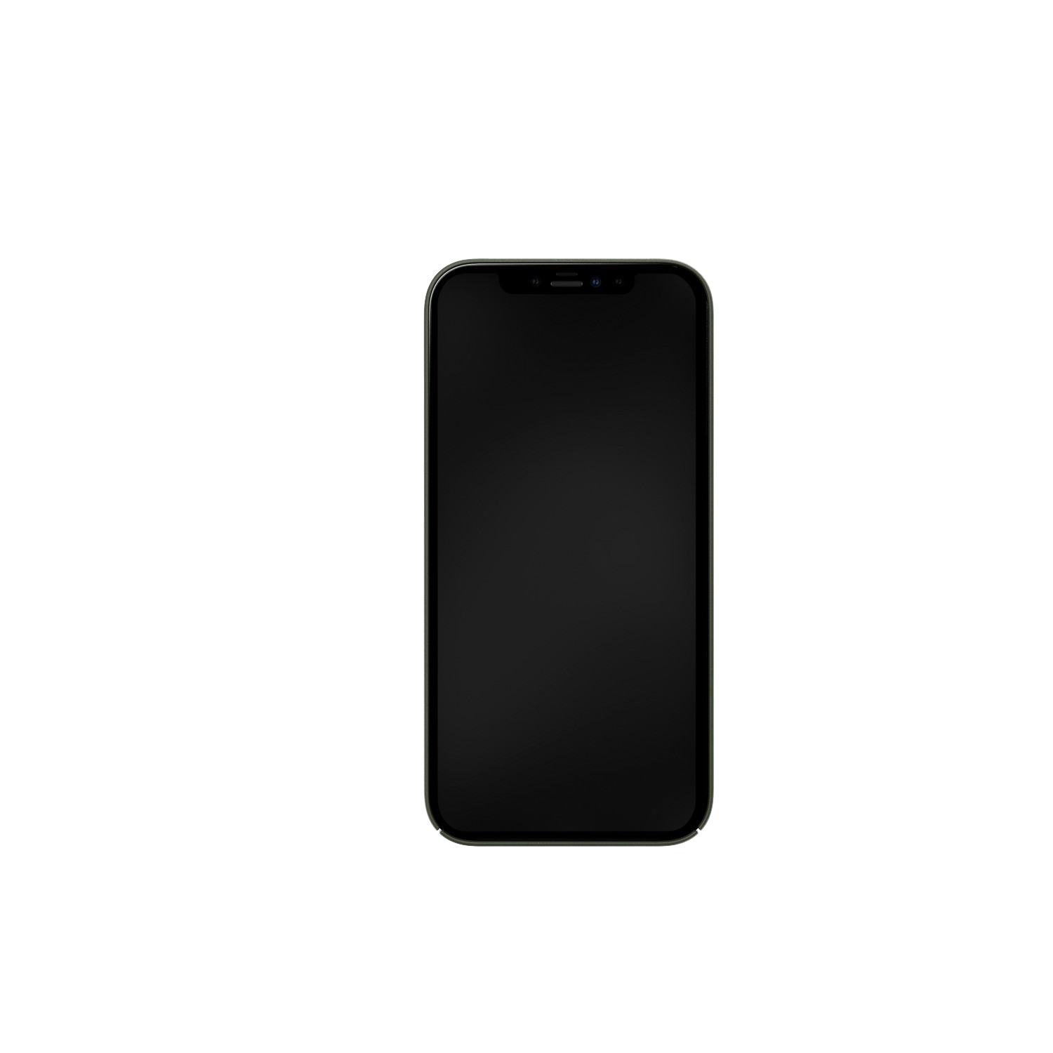 Smartphone sur fond noir avec écran noir et cadre doré.