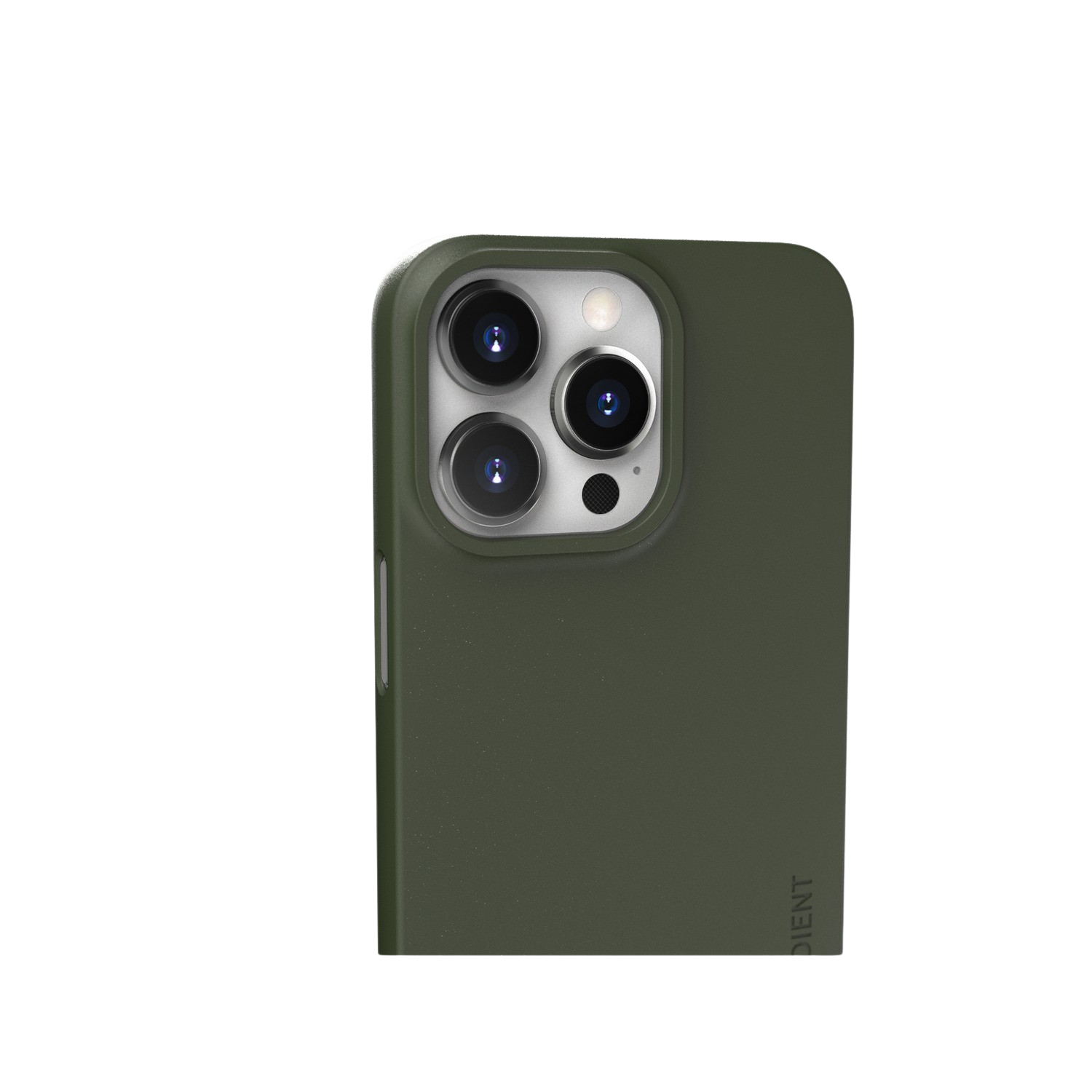 Gros plan sur une coque de téléphone verte. Le téléphone a une bosse pour la caméra. Le fond est noir.