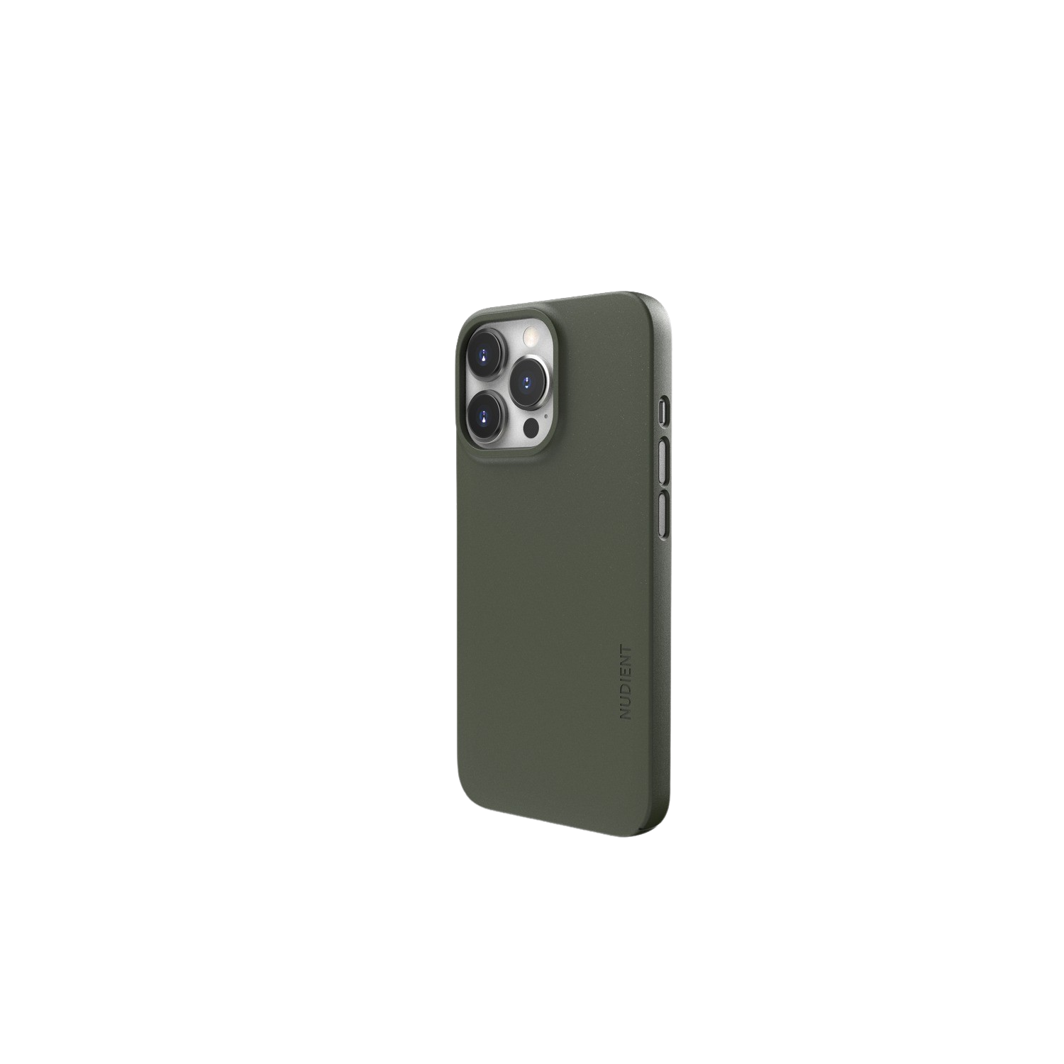 Coque de téléphone verte avec un léger angle, montrant les lentilles de la caméra et la marque Nudient.