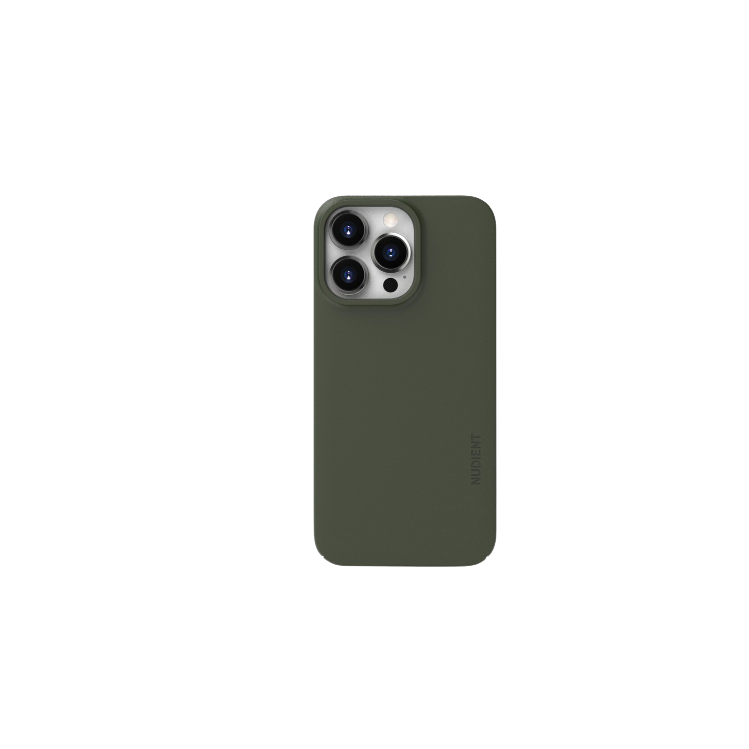 Coque de téléphone verte avec découpes pour la caméra. Le texte NUDIENT est visible.