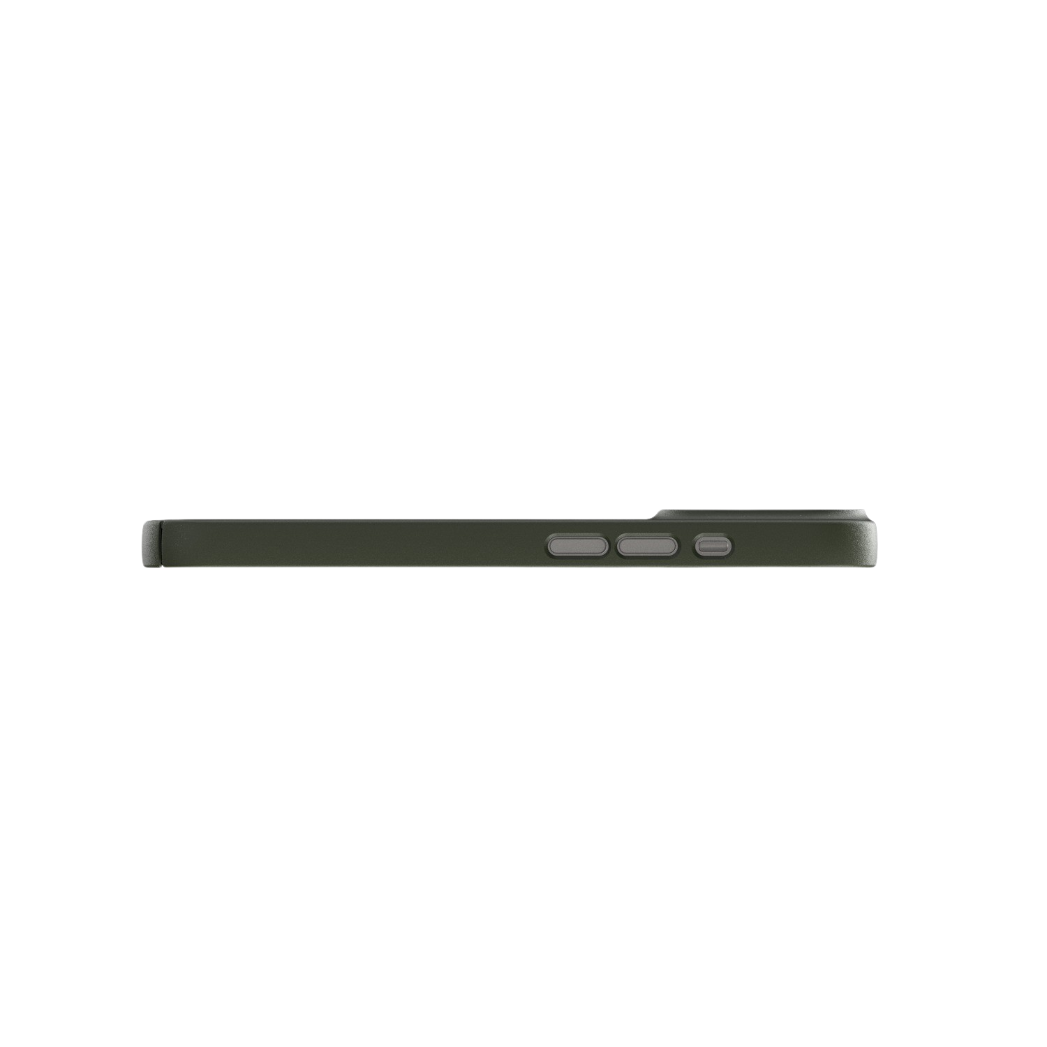 Vue latérale d'une coque de téléphone vert olive, montrant les boutons et le profil latéral.