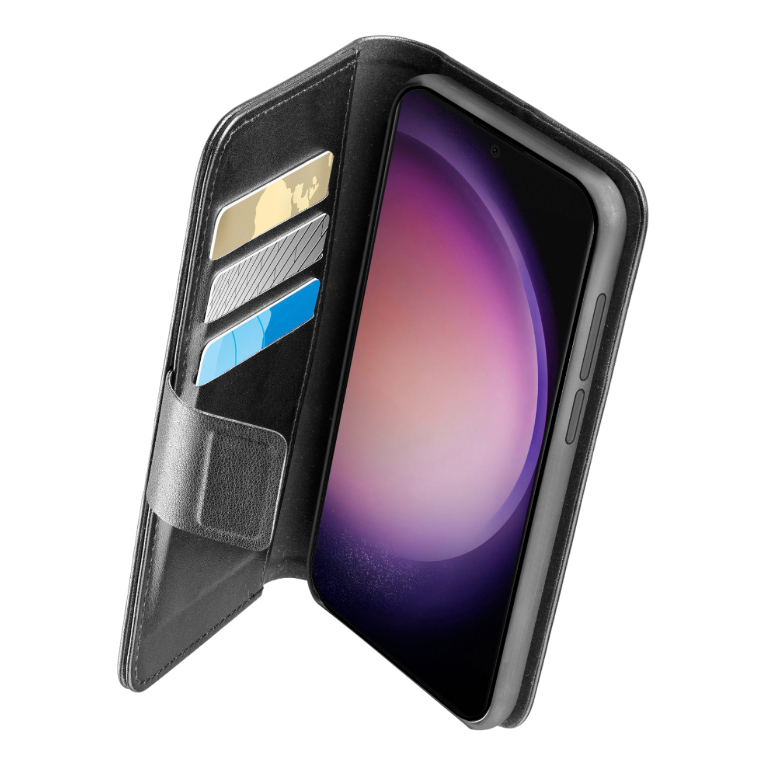 Custodia a portafoglio nera con fessure per carte di credito aperte. Un telefono con schermo viola all'interno.