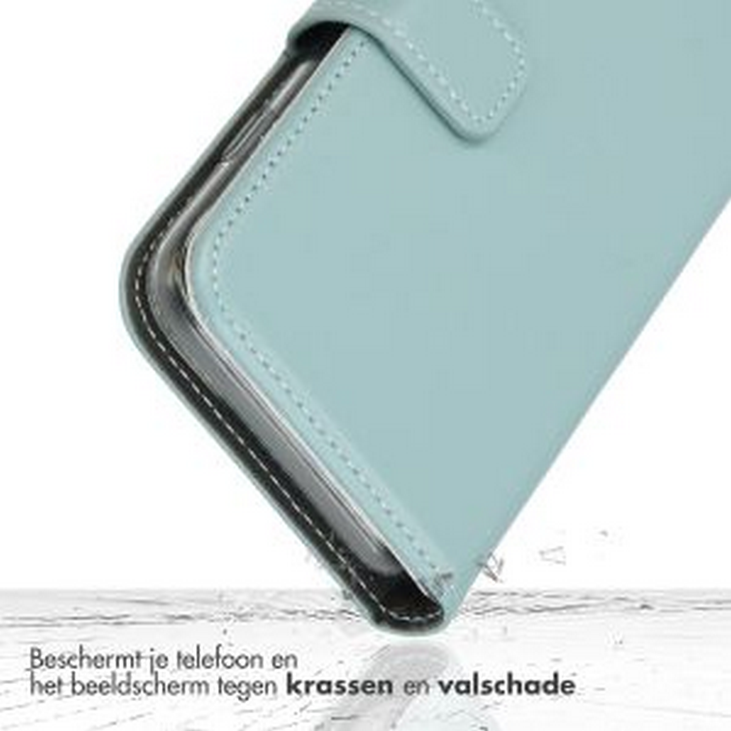 Een telefoonhoes die het telefoonscherm beschermt, met tekst over bescherming tegen krassen.