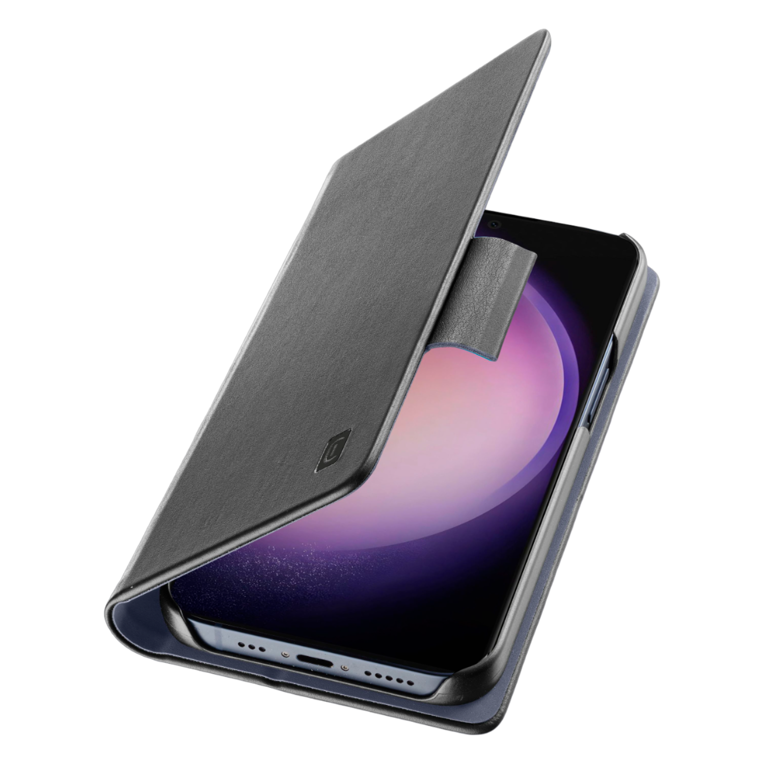 Custodia per telefono nera aperta, che mostra un telefono. La custodia è in stile portafoglio, con sfondo nero.