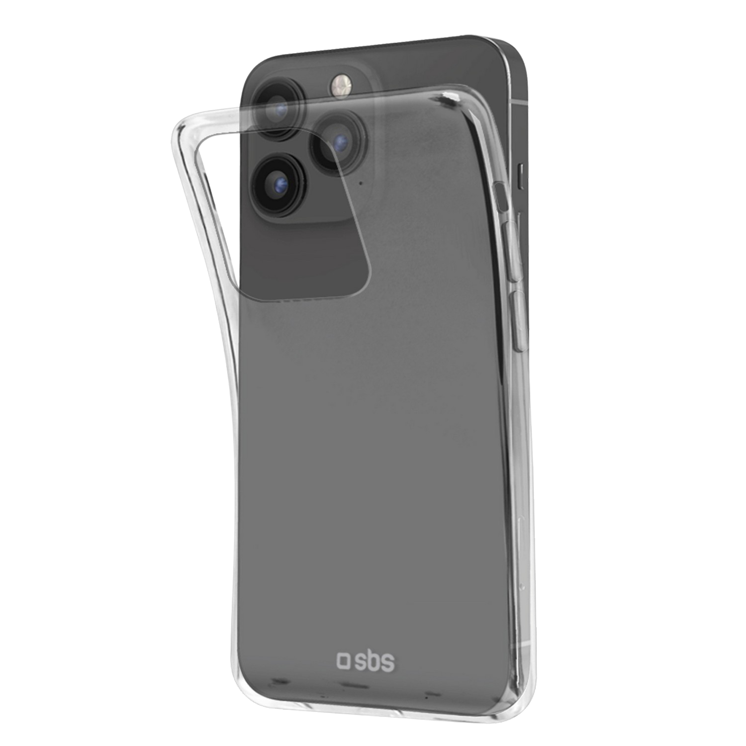 Przezroczyste etui na telefon z czarnym telefonem w środku. Etui jest otwarte.