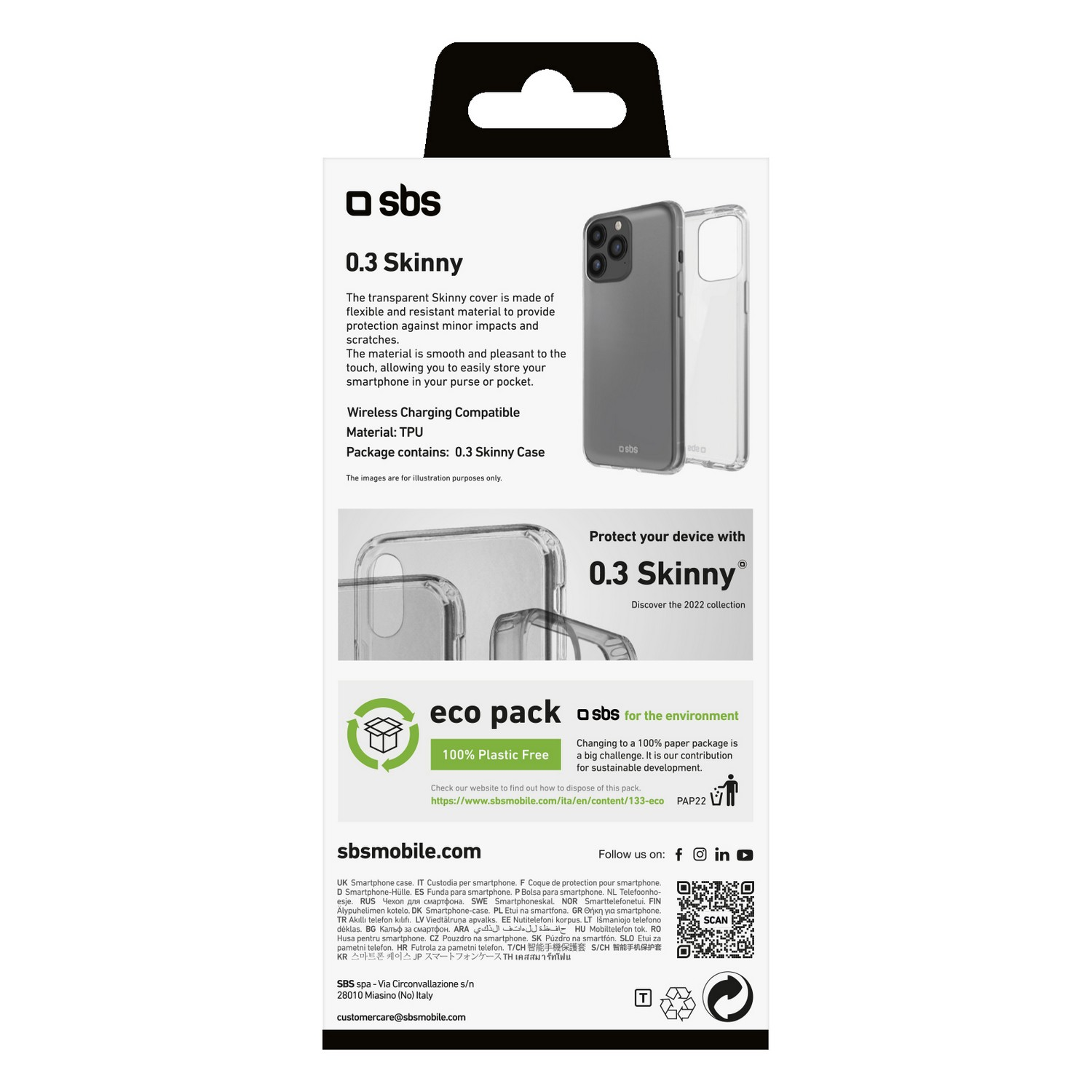 Opakowanie przezroczystego etui na telefon, z tekstem i widocznym etui w środku.