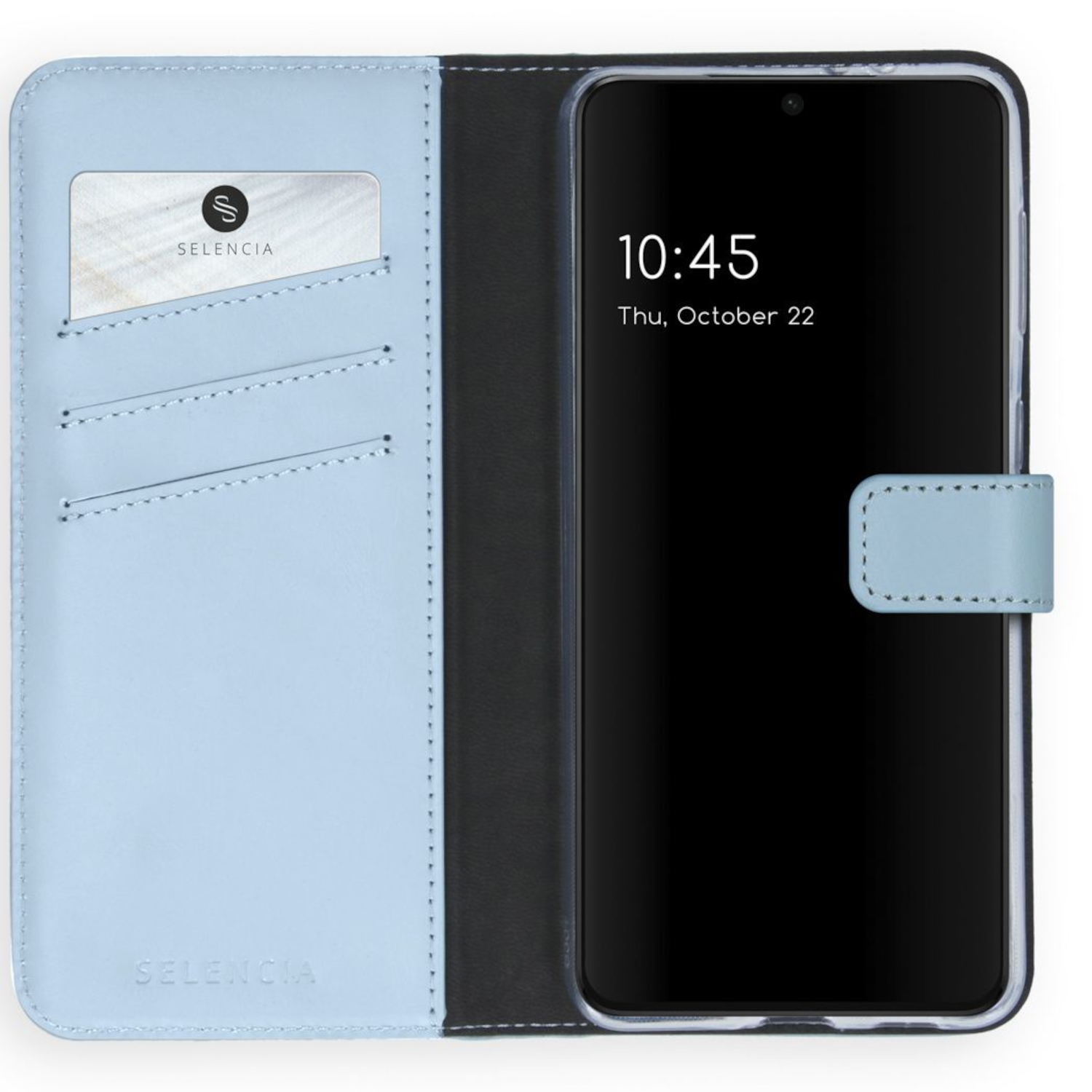 Open lichtblauw telefoonhoesje met tijdweergave, kaartsleuf zichtbaar.