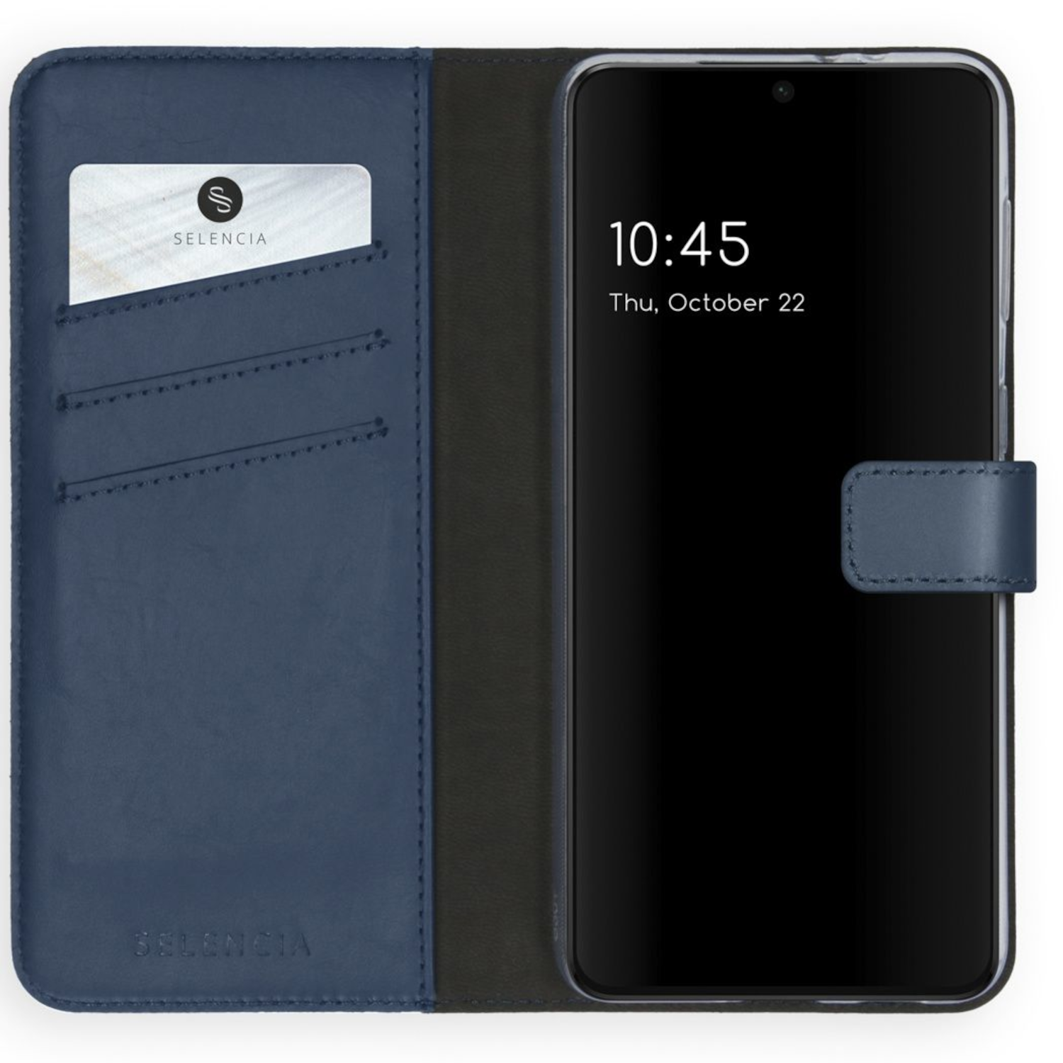 Open marineblauw telefoonhoesje met tijdweergave, kaartsleuf zichtbaar.