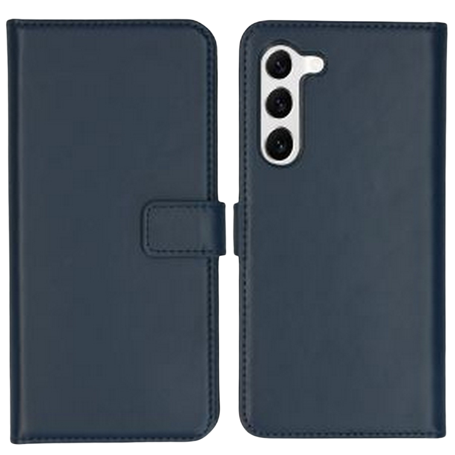 Étui de téléphone pliable bleu marine, fermé, avec découpes pour caméra.