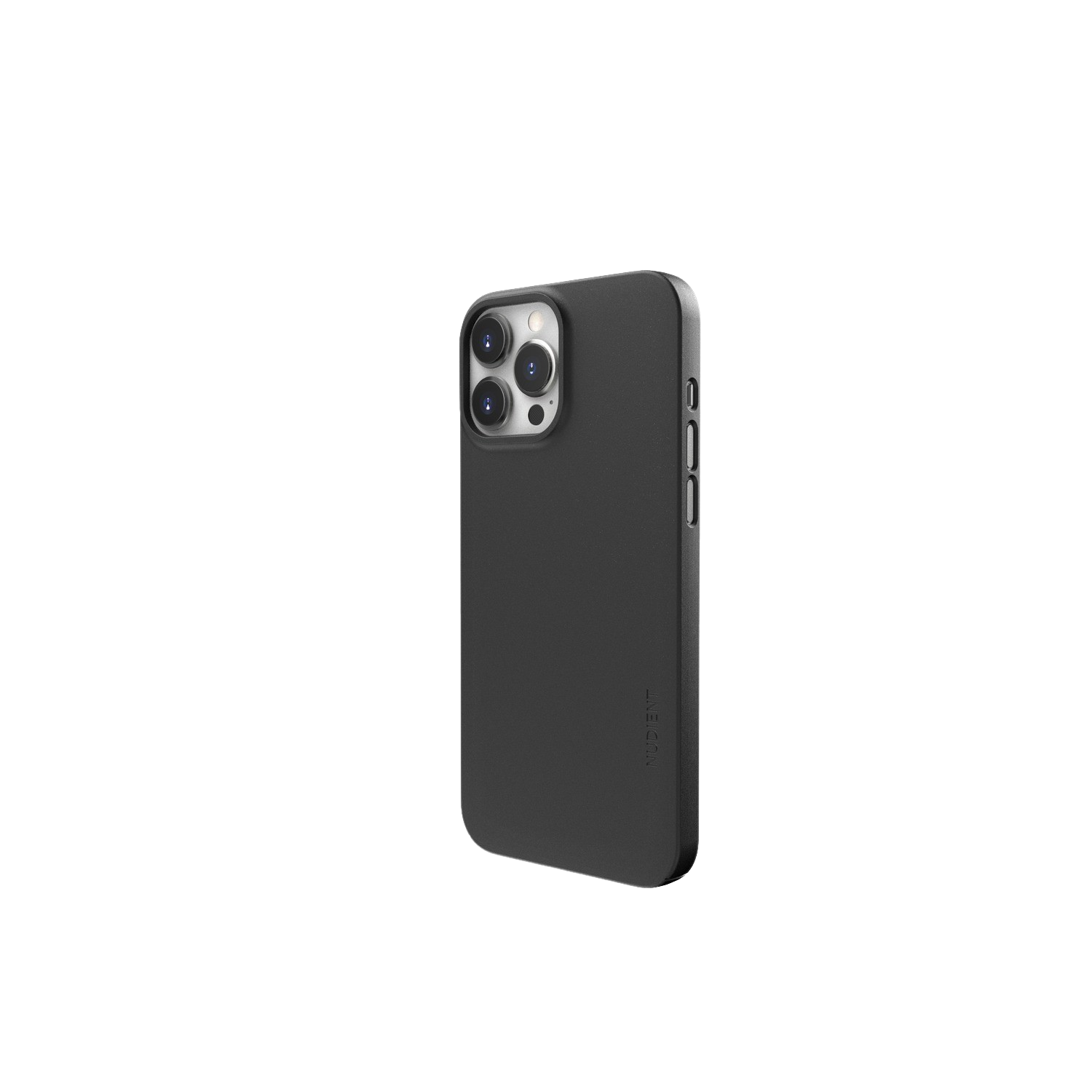 Une coque de téléphone noire sur fond noir. Vue latérale, caméra et boutons visibles.
