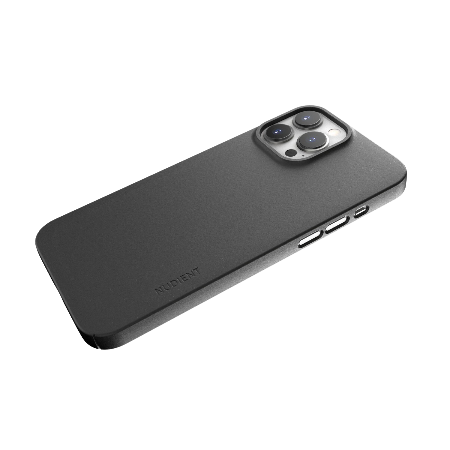 Coque de téléphone noire vue de dessus. La coque est propre et porte le logo Nudient en bas.