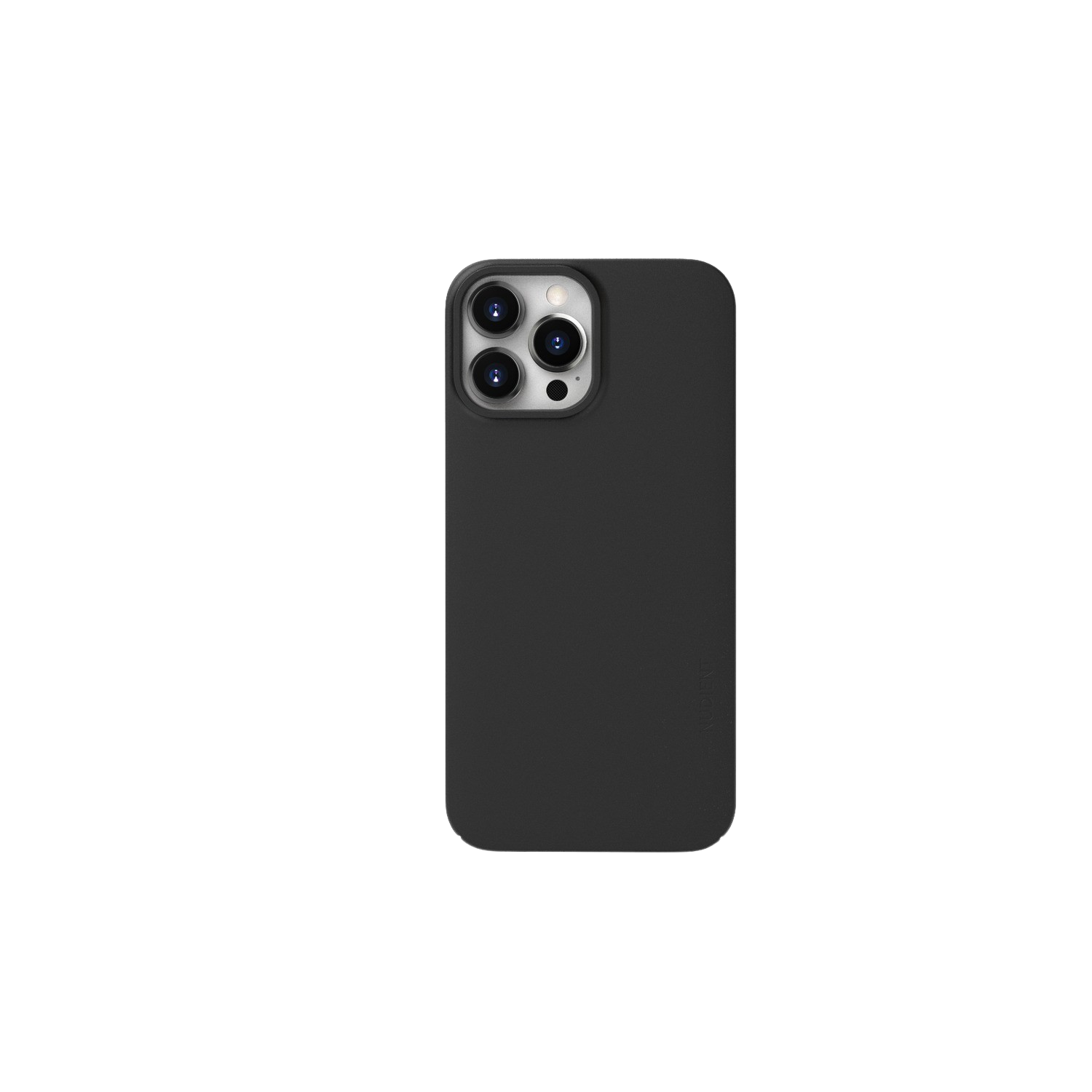 Coque de téléphone noire, vue arrière. Fond noir. La coque a une découpe pour l'appareil photo.