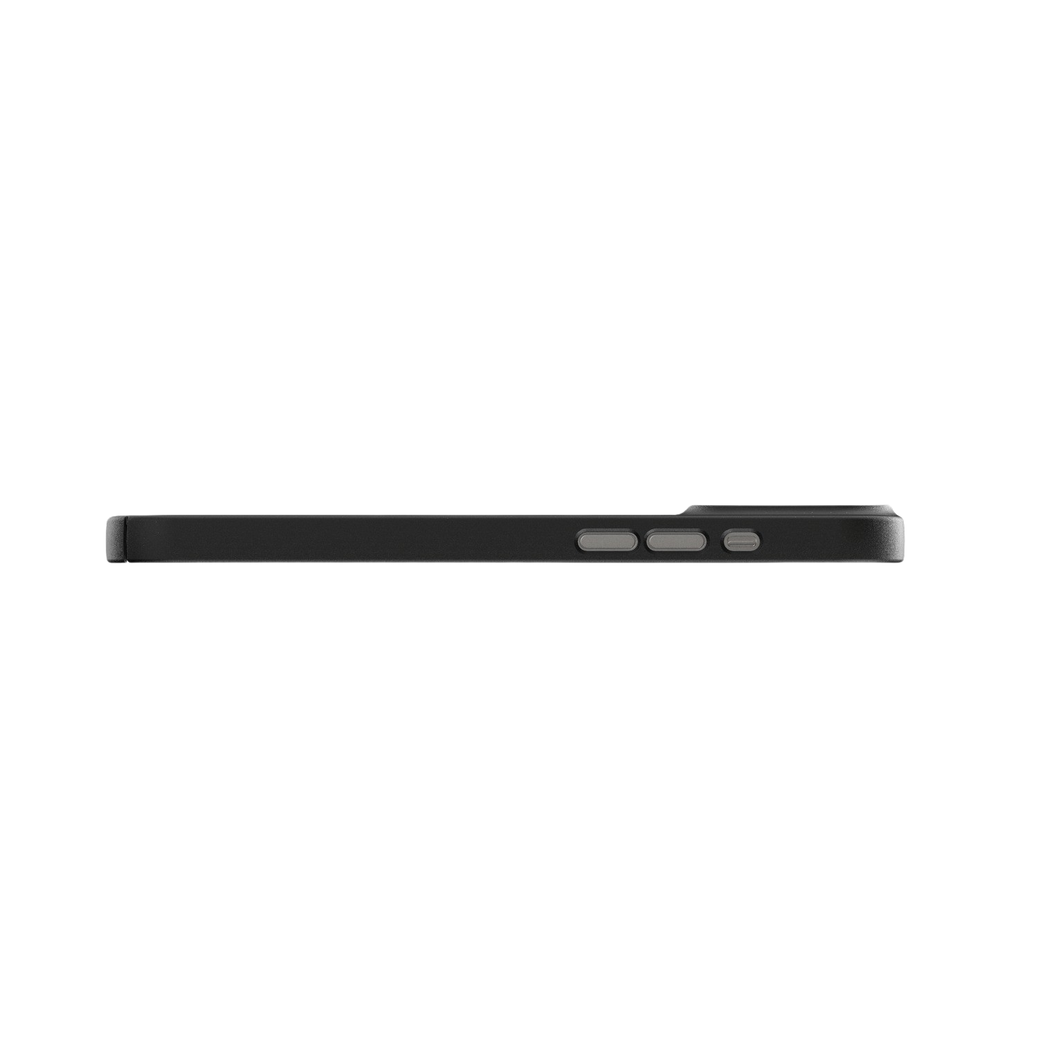 Coque de téléphone noire vue de côté, avec boutons, sur une surface noire.
